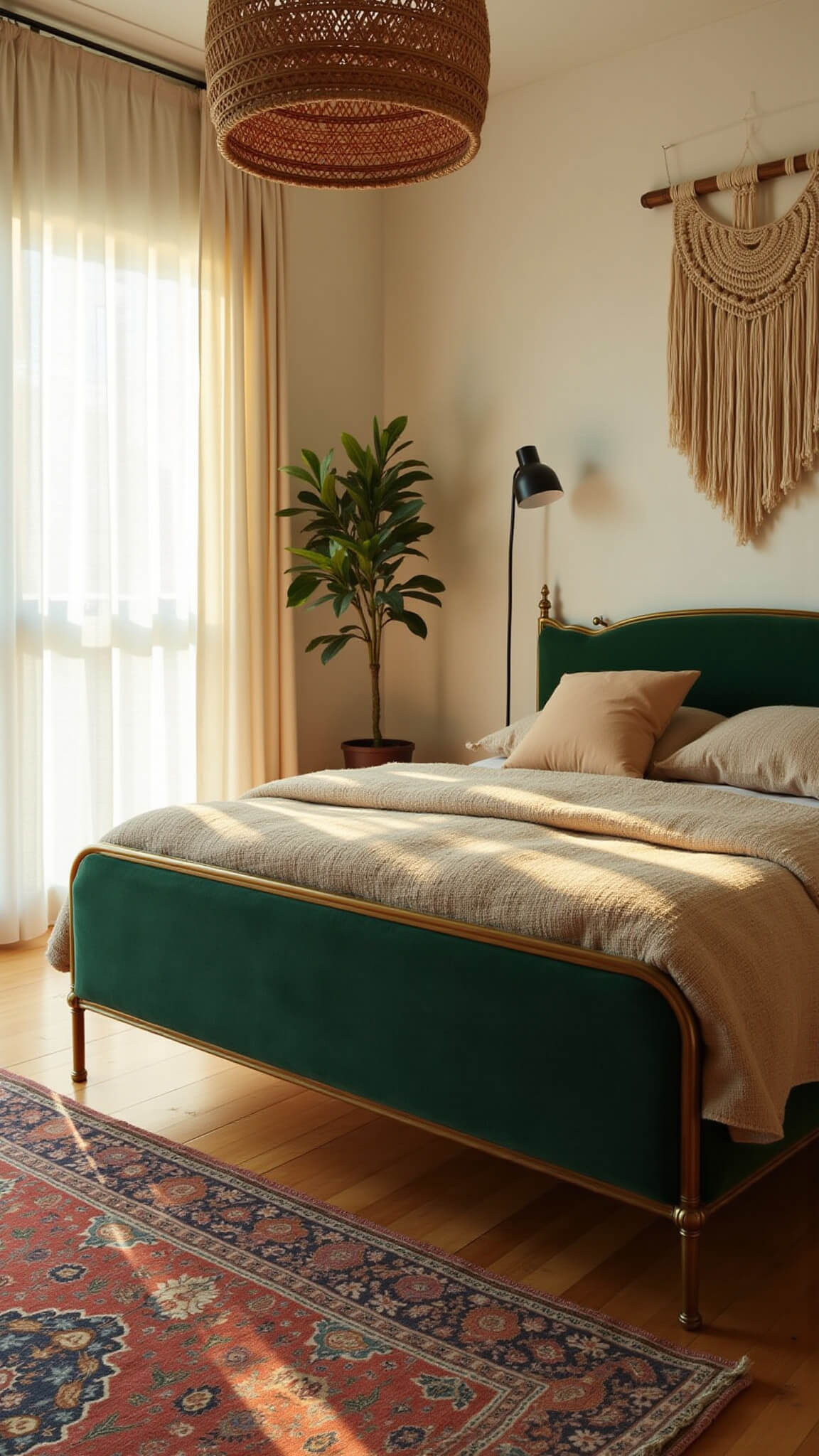 Bohemian-style bedroom with emerald velvet bed, brass frame, layered rugs, and golden hour sunlight through sheer curtains.