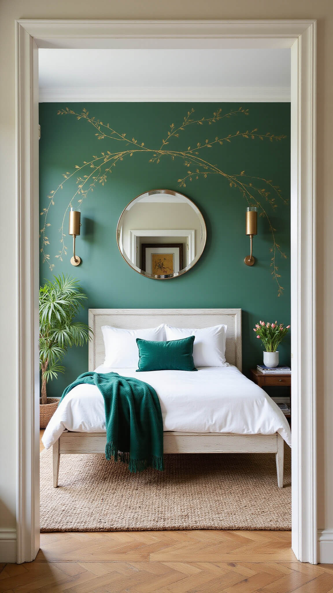 Wide-angle view of a sunlit bedroom with emerald green accent wall, gold botanical motifs, whitewashed platform bed, emerald velvet throws, brass sconces, and tall ceilings with crown molding.