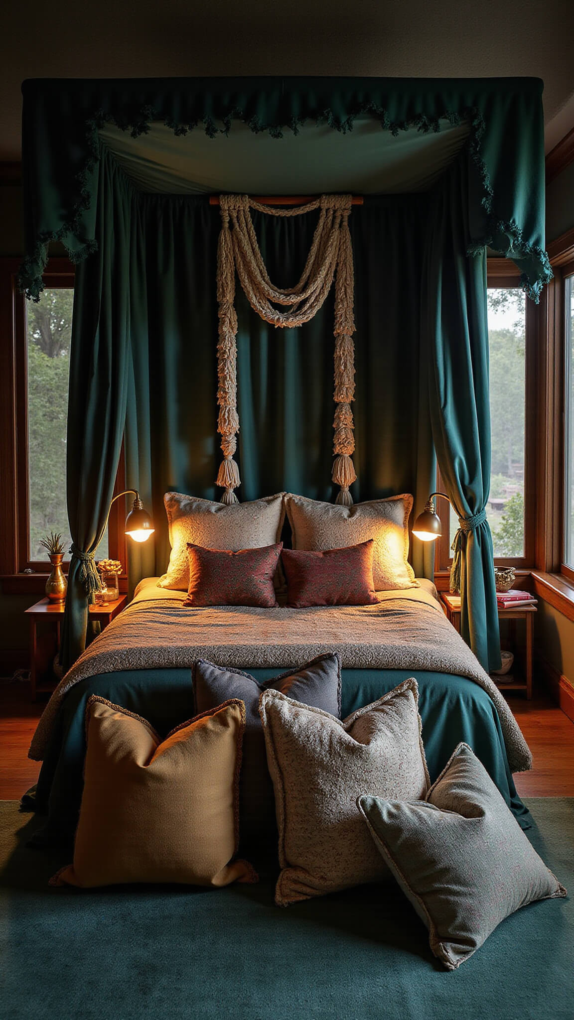 Boho sanctuary at dusk with emerald canopy bed, vintage brass lamps, and layered textiles in warm, moody lighting.