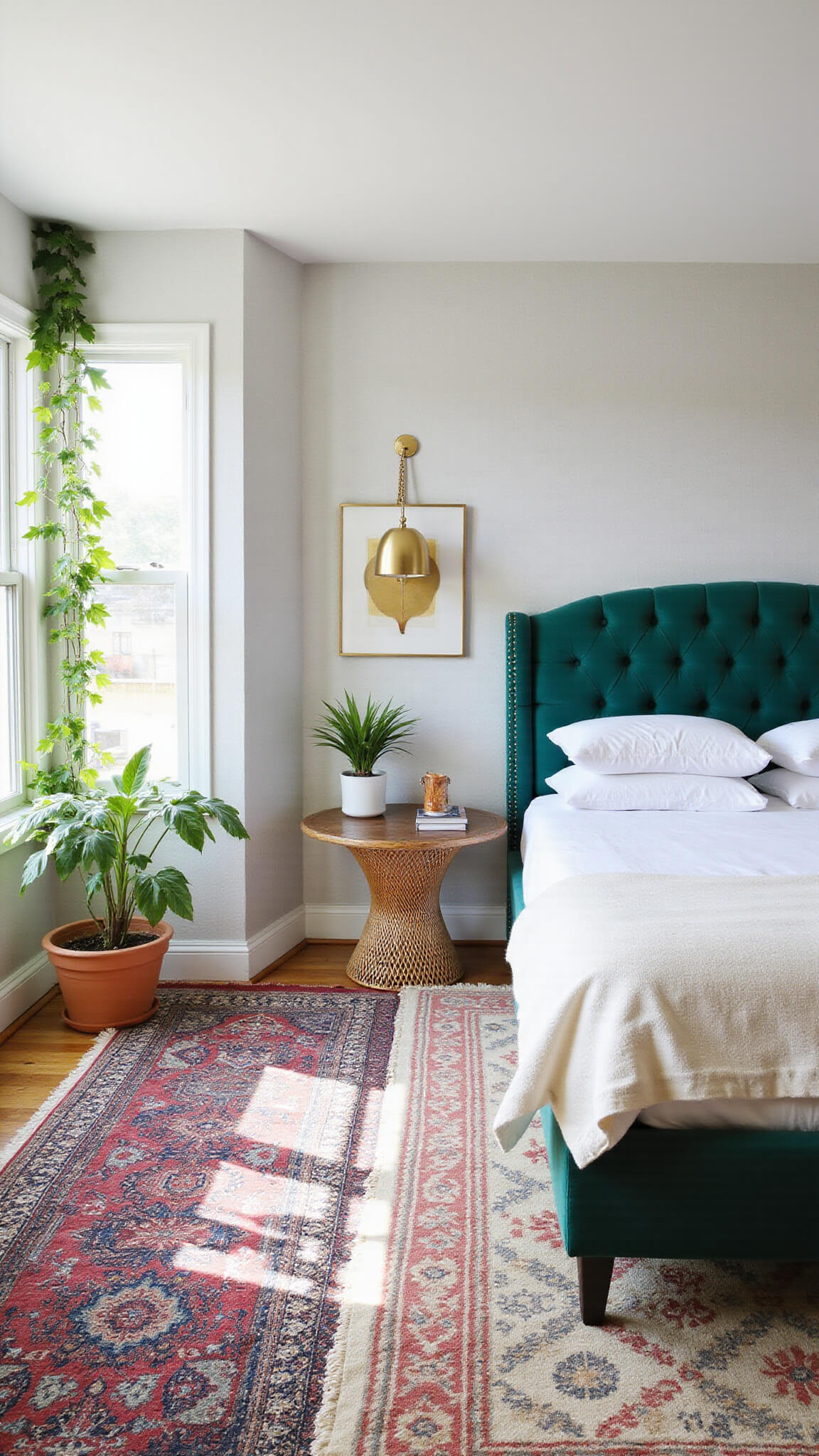 Airy 16x18ft corner bedroom with emerald tufted headboard, grey grasscloth wallpaper, layered geometric rugs, velvet, rattan, and brass accents, lit by bright midday sun.