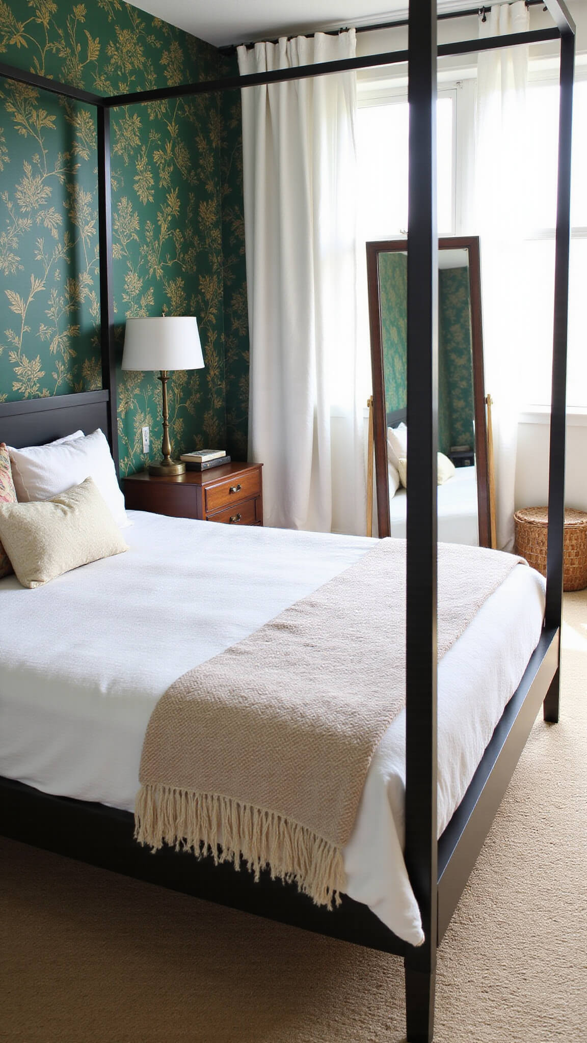 Ethereal bedroom with emerald green wallpaper, modern four-poster bed, vintage Moroccan blanket, and soft light reflecting in large mirror.
