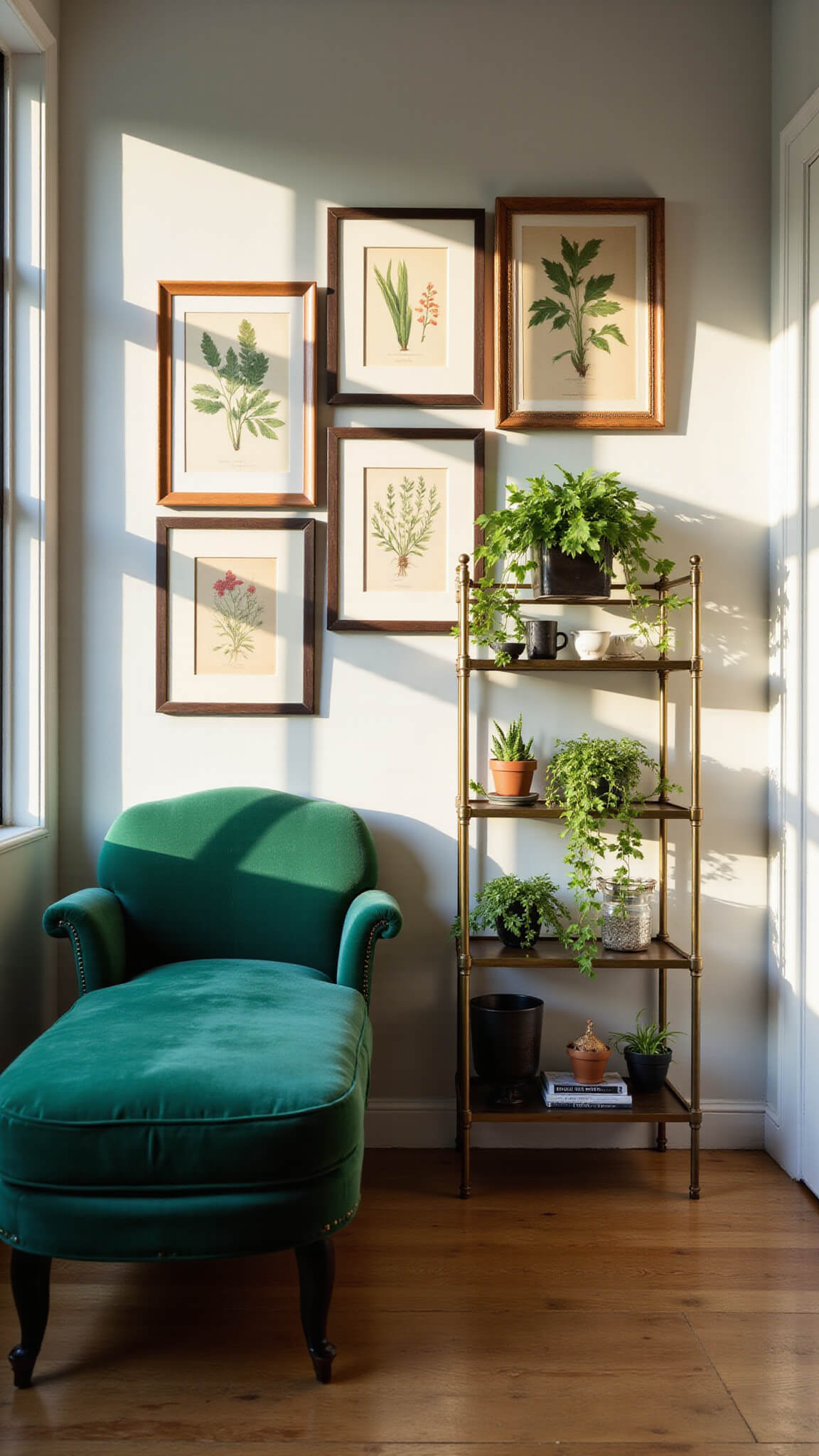 Emerald velvet chaise in sunlit room beneath vintage botanical prints, with brass étagère holding plants and treasures.