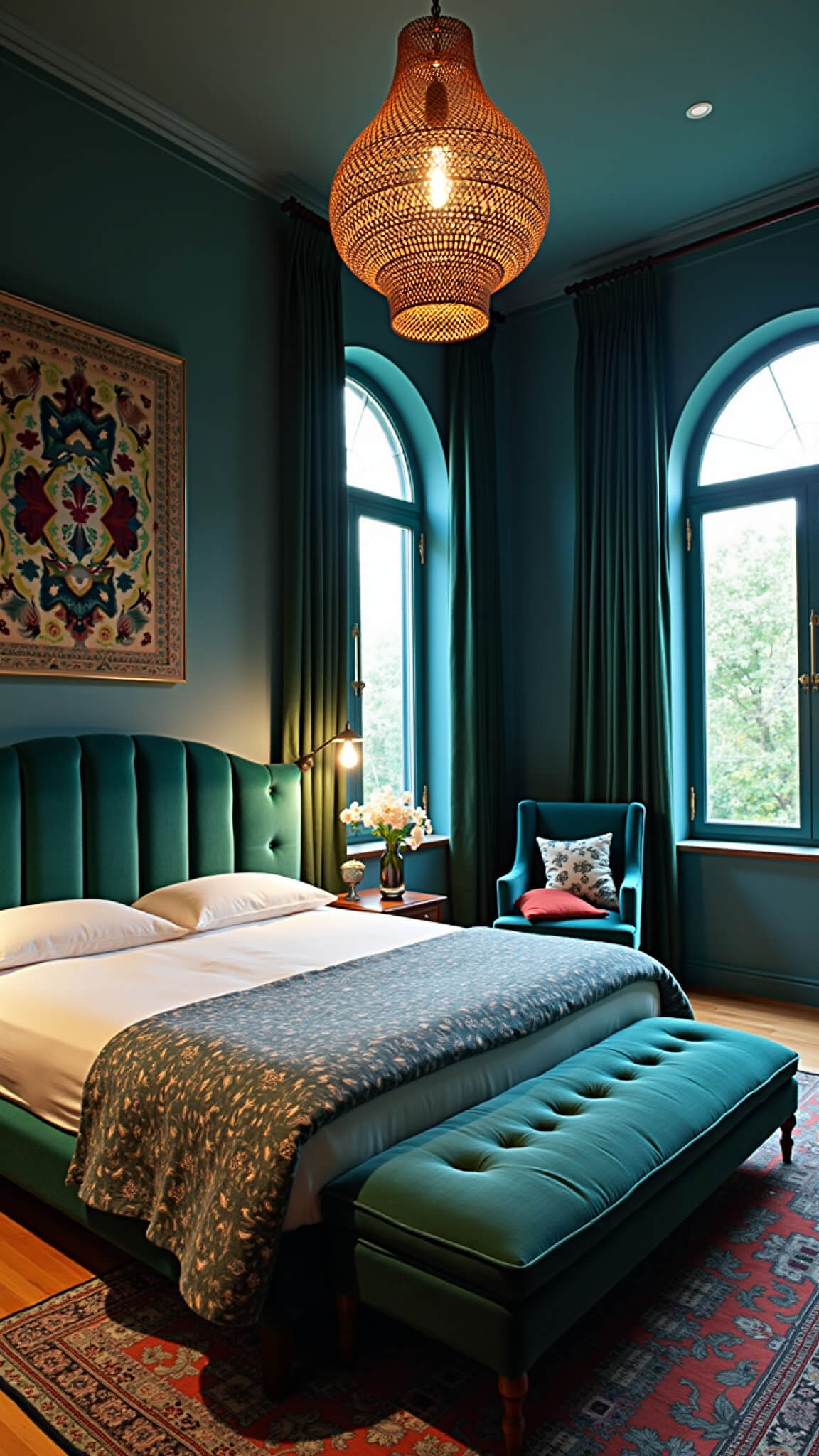 Boho bedroom at twilight with emerald silk drapes, rattan pendant lighting, vintage rug, tufted platform bed, and cozy reading nook.
