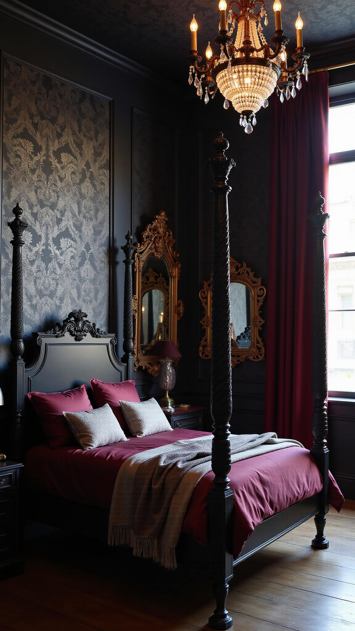 Gothic bedroom with black walls, silver damask wallpaper, and velvet drapes at dusk; features an ebony four-poster bed, crystal chandelier, and silver mirrors in moody golden light.