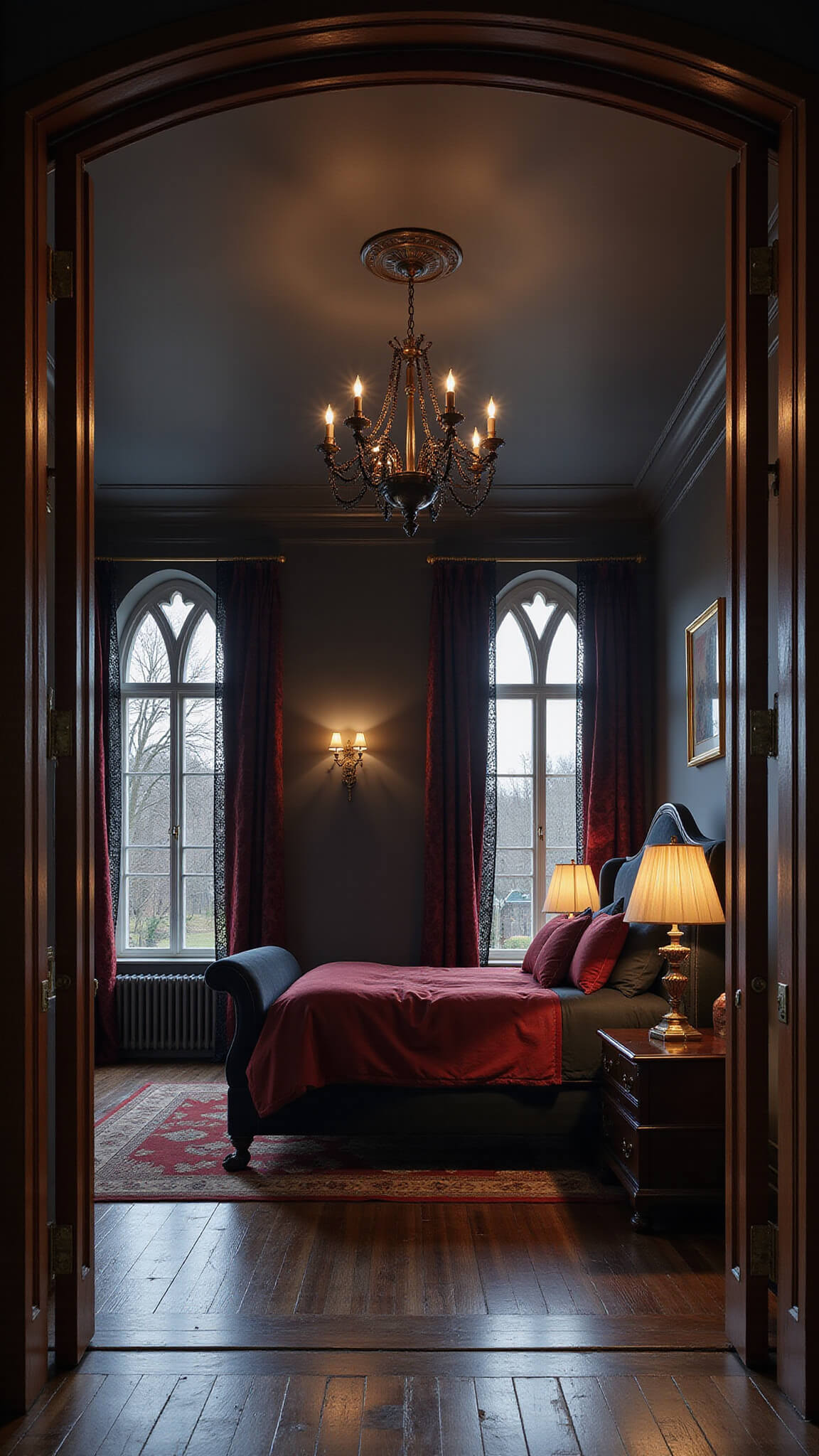 Dramatic master bedroom with charcoal cathedral ceiling, black Victorian chandelier, mahogany sleigh bed with red silk bedding, gothic arched windows with lace and velvet curtains, and warm brass lighting on dark hardwood floors.