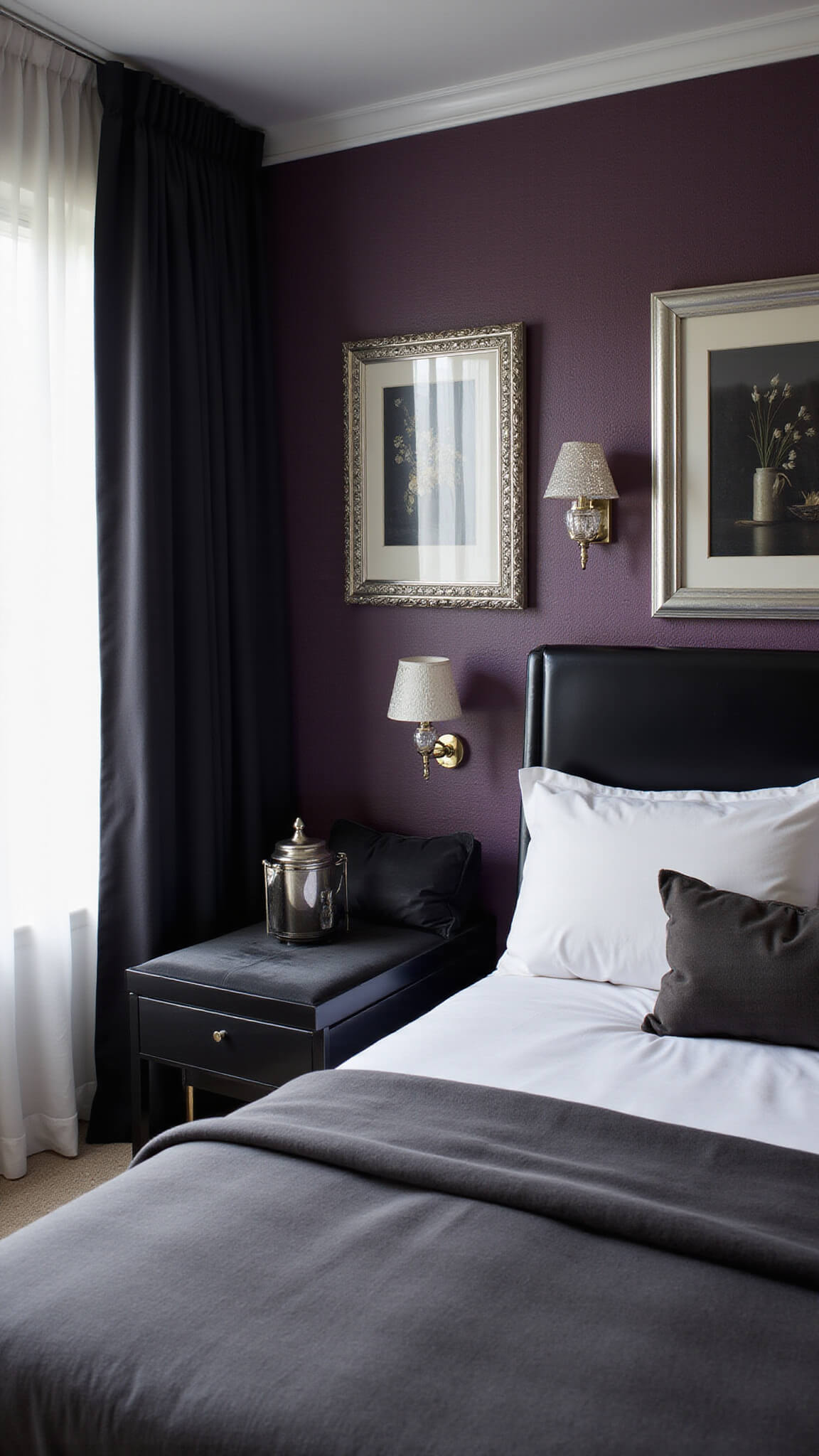 Modern bedroom with sheer black curtains, high-gloss black platform bed, deep purple wallpaper, silver-framed art, black velvet chaise, and mixed metallic decor in soft morning light.