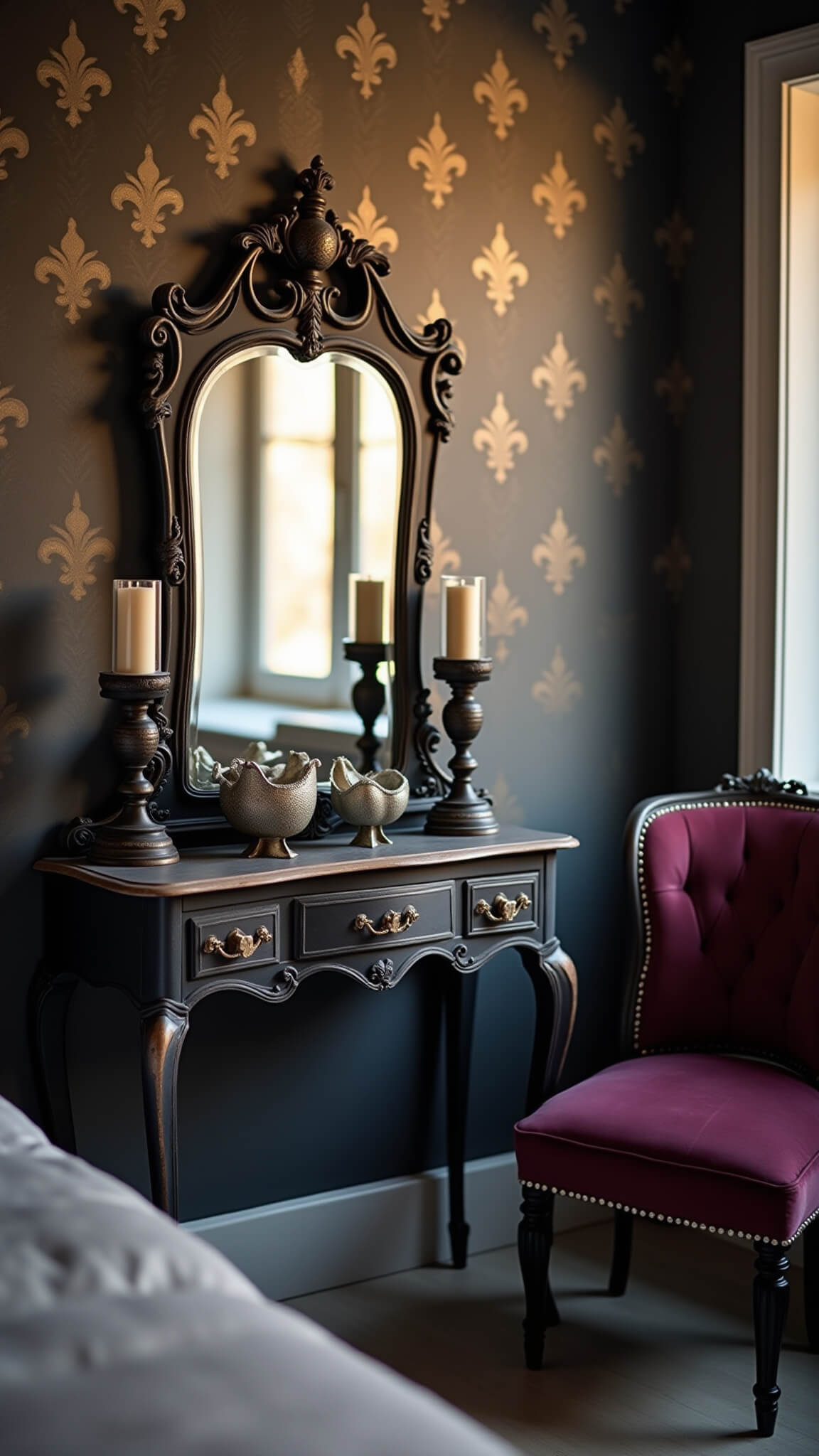 Golden hour close-up of antique black vanity with gothic candleholders, mercury glass, and Victorian mirror against textured charcoal wallpaper; burgundy velvet chair with silver studs in soft bokeh.