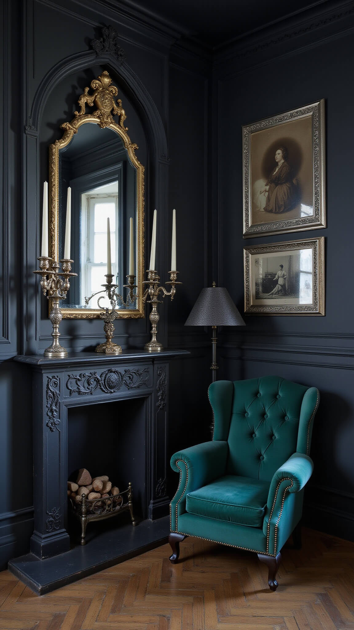 Moody gothic corner with black Victorian fireplace, silver candelabras, arched mirrors, emerald velvet chair, vintage photos in silver frames, and dramatic uplighting.