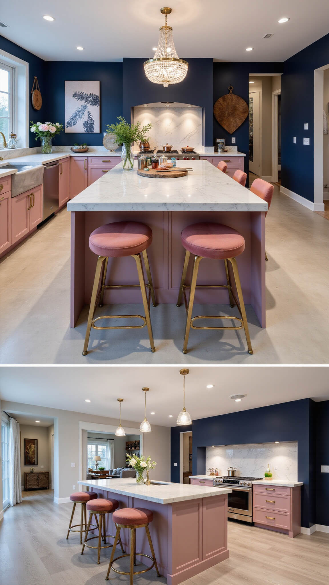Spacious luxe kitchen with dusty rose cabinets, navy walls, gold hardware, marble island, and crystal chandelier at dusk.