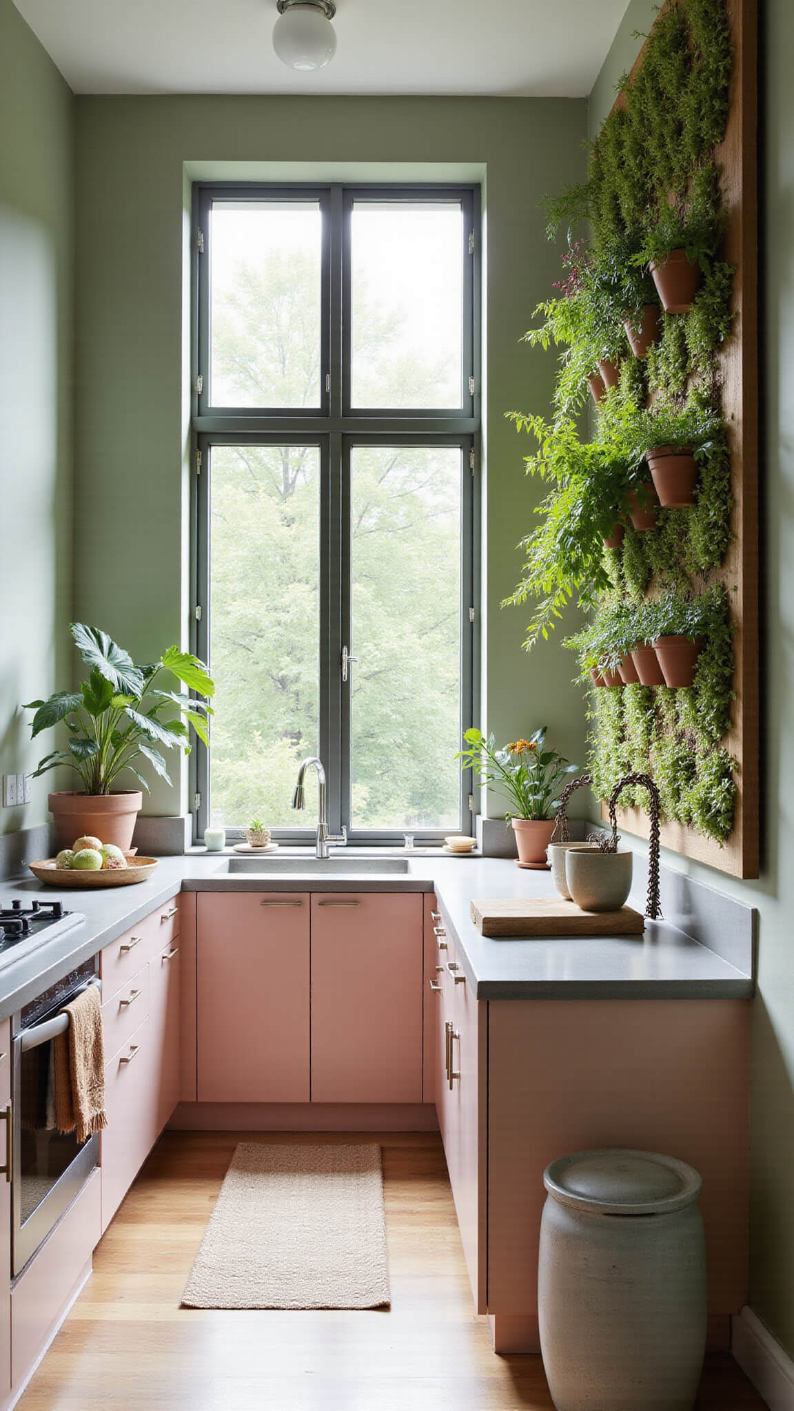 Modern 14'x14' kitchen with sage green walls, pale pink cabinets, concrete countertops, and a greenhouse window; features a living wall, hanging plants, terra cotta pots, and natural fiber accents, bathed in morning light.