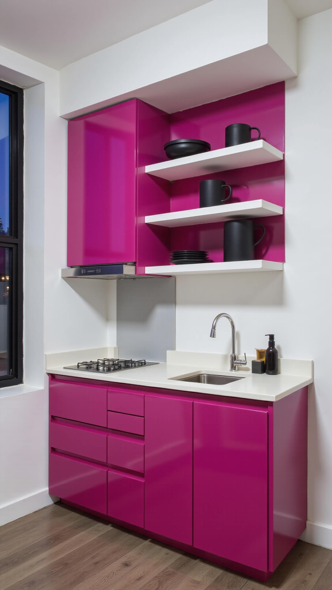 Minimalist urban kitchen with magenta lacquered cabinets, white walls, stainless steel appliances, floating shelves, and evening city lights in the background.