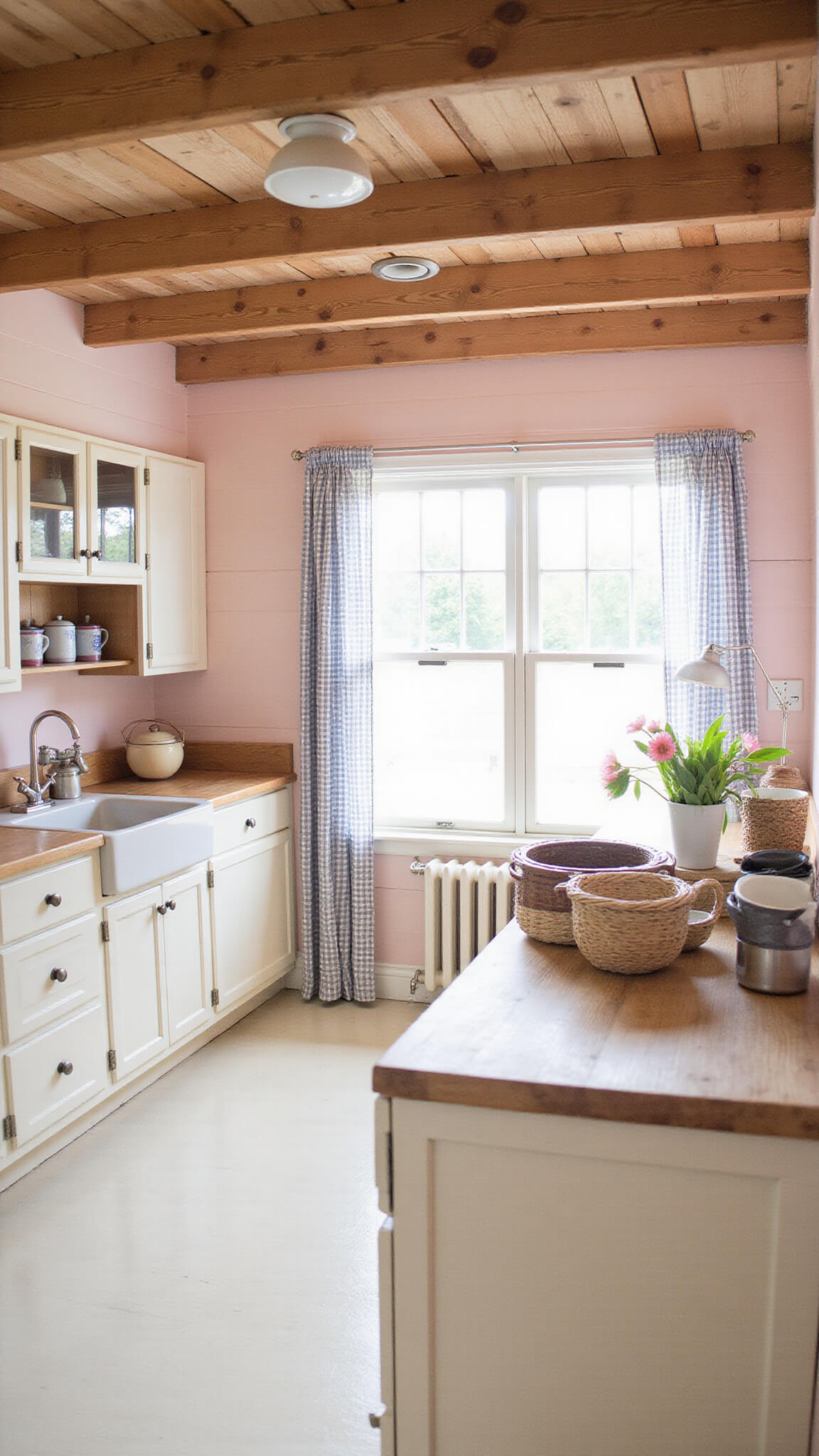 Country kitchen with soft pink shiplap walls, cream cabinets, butcher block countertops, and vintage sink under gingham-curtained window with morning light.