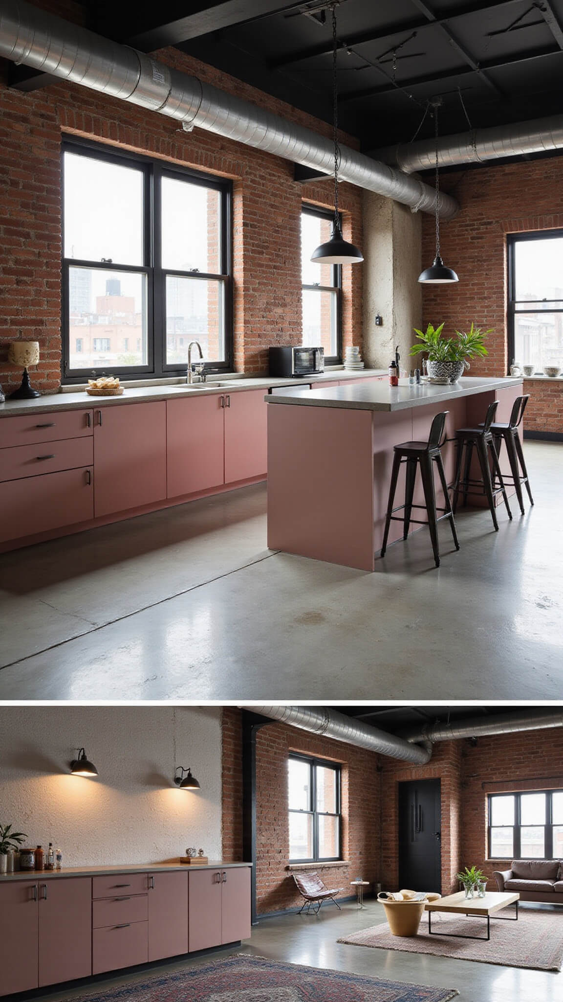 Industrial chic loft kitchen with matte pink metal cabinets, exposed brick walls, metal ductwork, concrete floors, and black steel-framed windows.