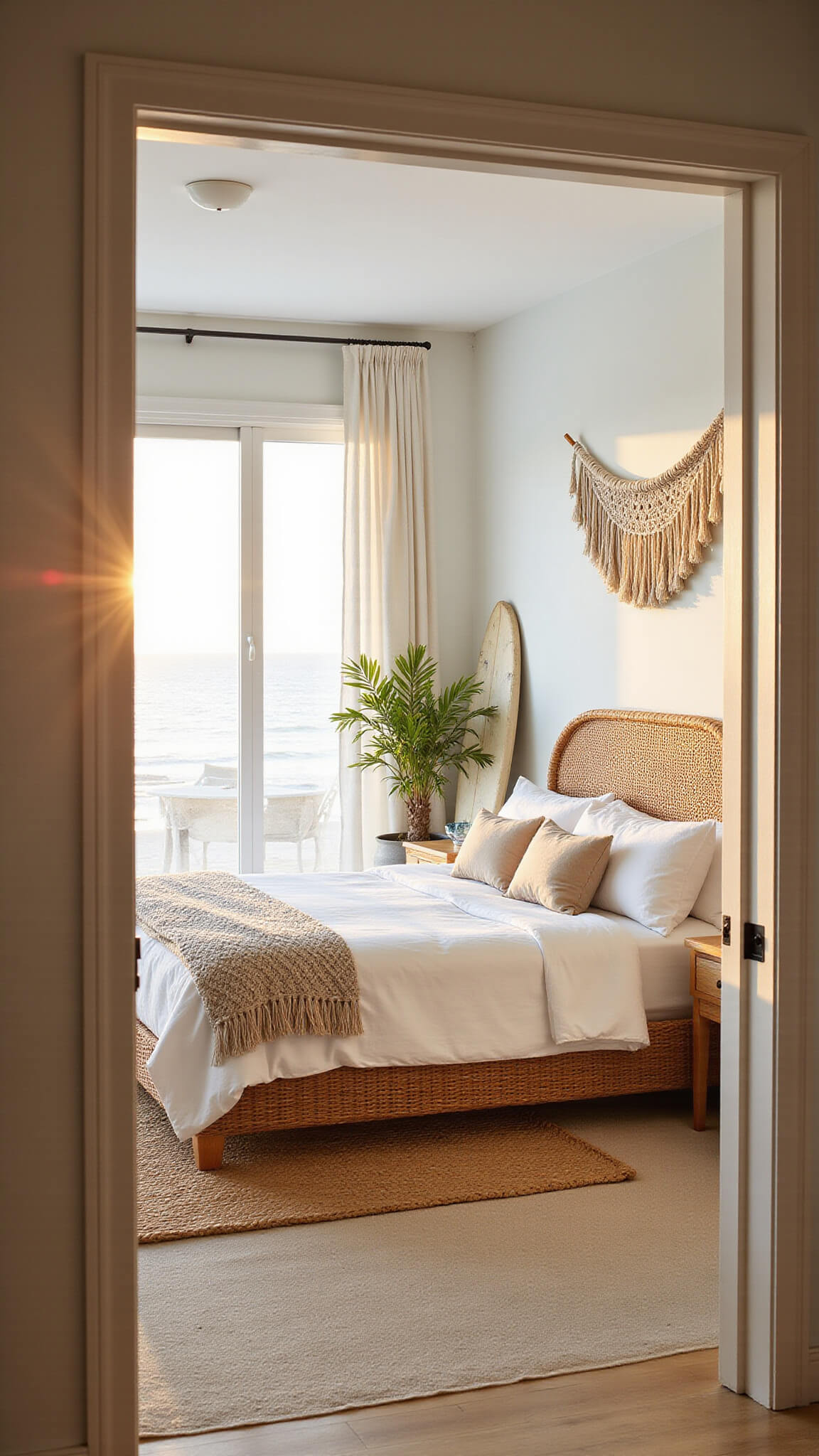 Coastal bedroom with ocean view at golden hour, featuring white linen bedding, rattan headboard, jute rug, macramé wall hanging, and vintage surfboard near potted palm.