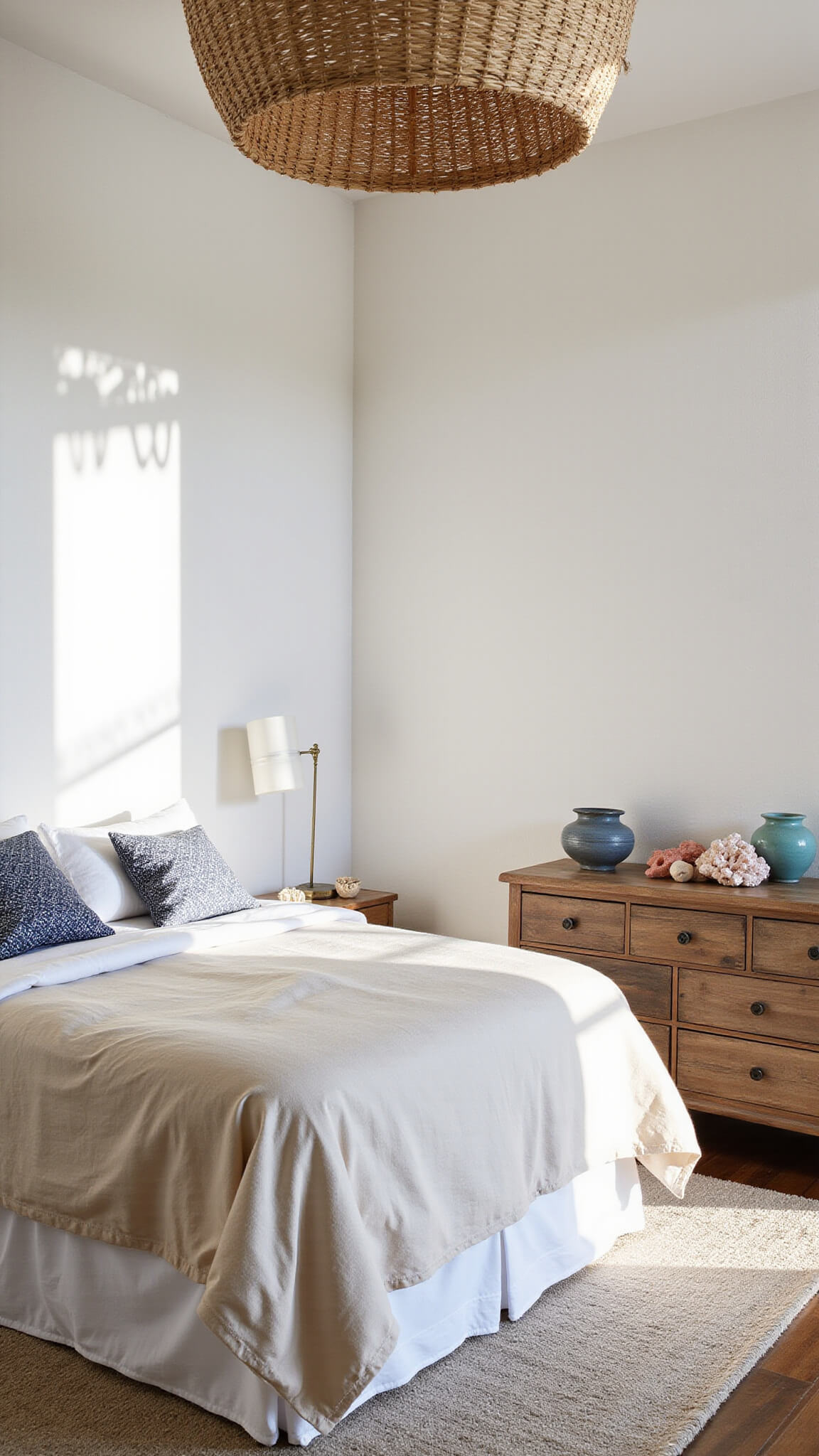 Boho-coastal master suite with rattan pendant, queen bed in oatmeal linens, indigo pillows, teak dresser, and natural light streaming onto white-washed walls.