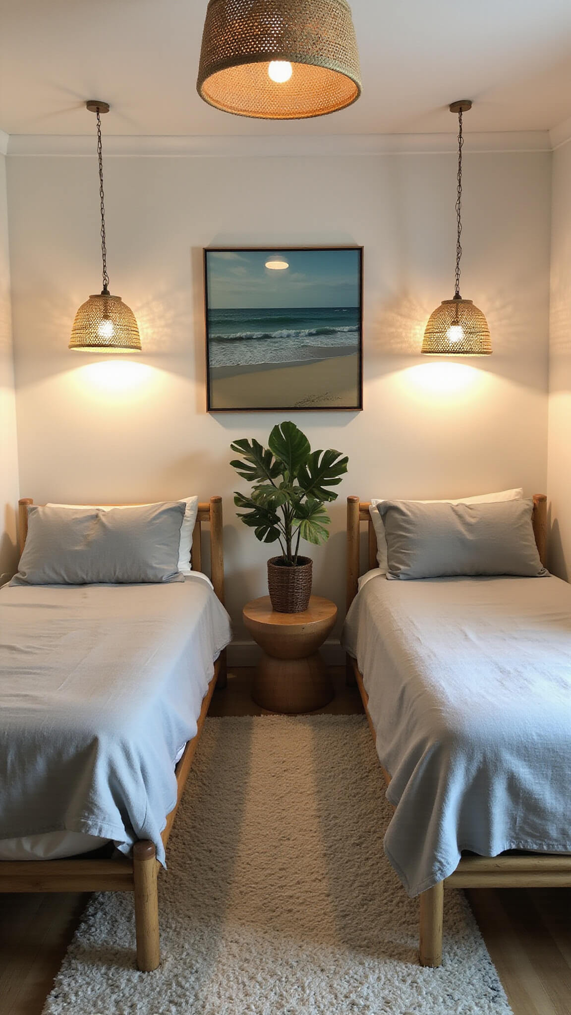 Cozy guest bedroom at dusk with bamboo twin beds, stonewashed linens, vintage surf photo wall, warm basket pendant lighting, chunky wool rug, and Monstera casting organic shadows.