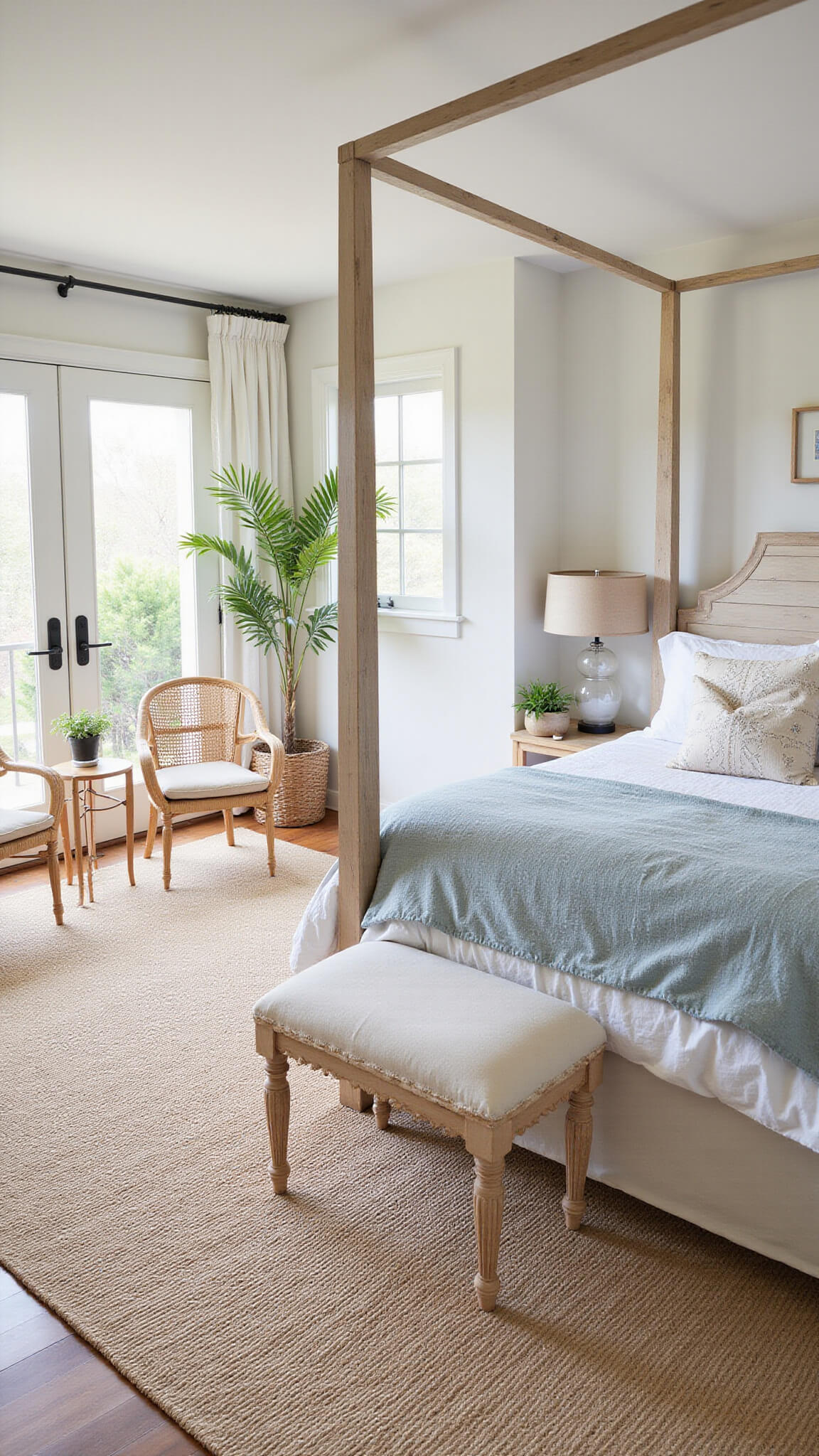 Aerial view of sunlit 16x18ft primary bedroom with whitewashed teak four-poster bed, seagrass rug, layered textiles, rattan chairs near French doors, and macramé plant hangers.