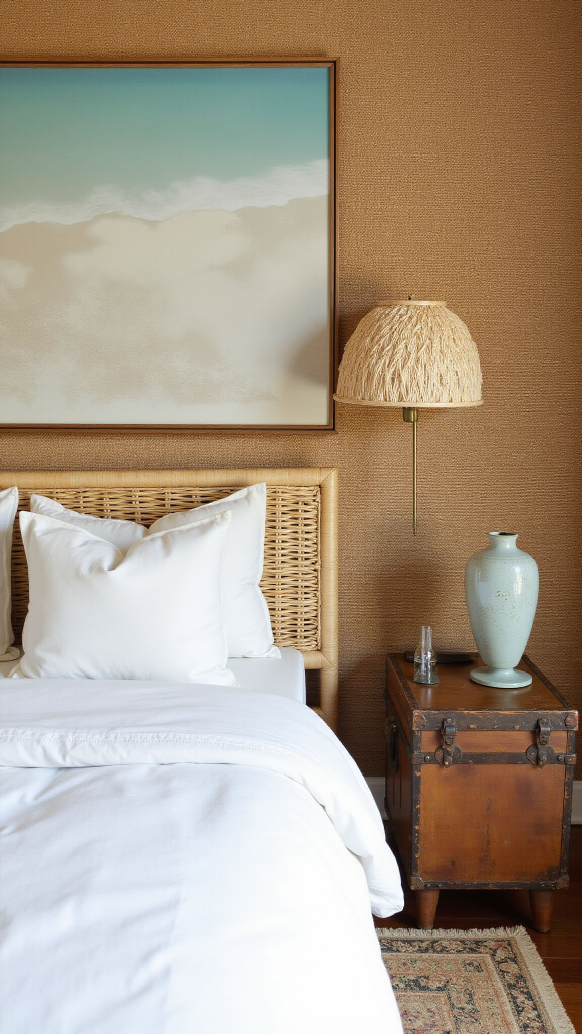 Cozy bedroom with curved rattan bed, soft white linens, and textured grasscloth wall, lit by morning light; features abstract beach artwork, handwoven pendant, and vintage trunk nightstand with ceramic lamp.