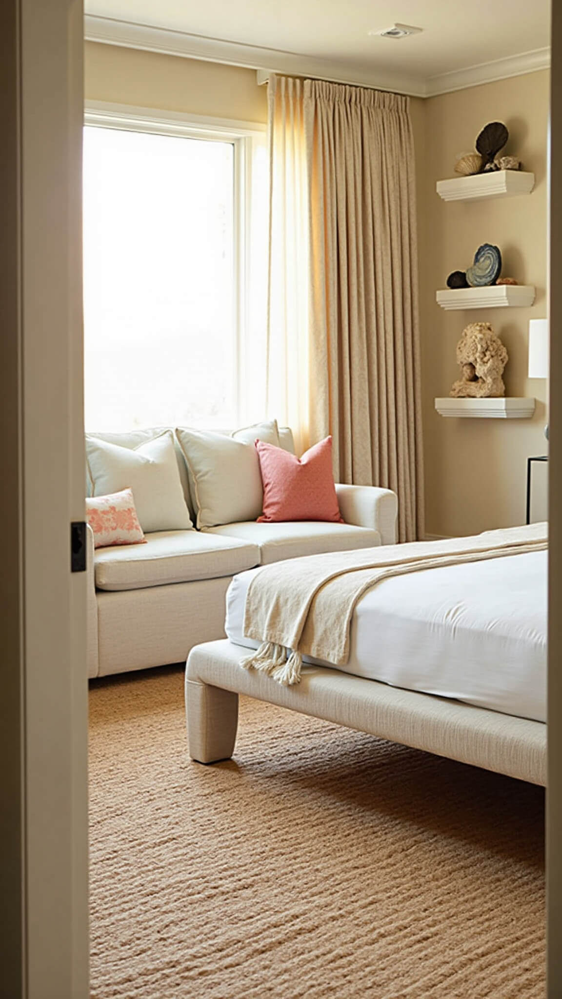 Sunset-lit 13x15ft bedroom with platform bed, woven headboard wall, meditation corner with silk cushions, sheer curtains, jute carpet, and natural decor in layered neutral tones.