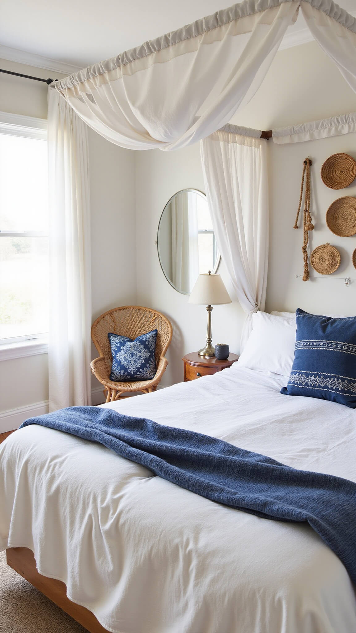 Bohemian-style bedroom with canopy bed and indigo textiles, rattan peacock chair in reading nook, rope-wrapped mirror reflecting soft window light, and textured basket wall decor.