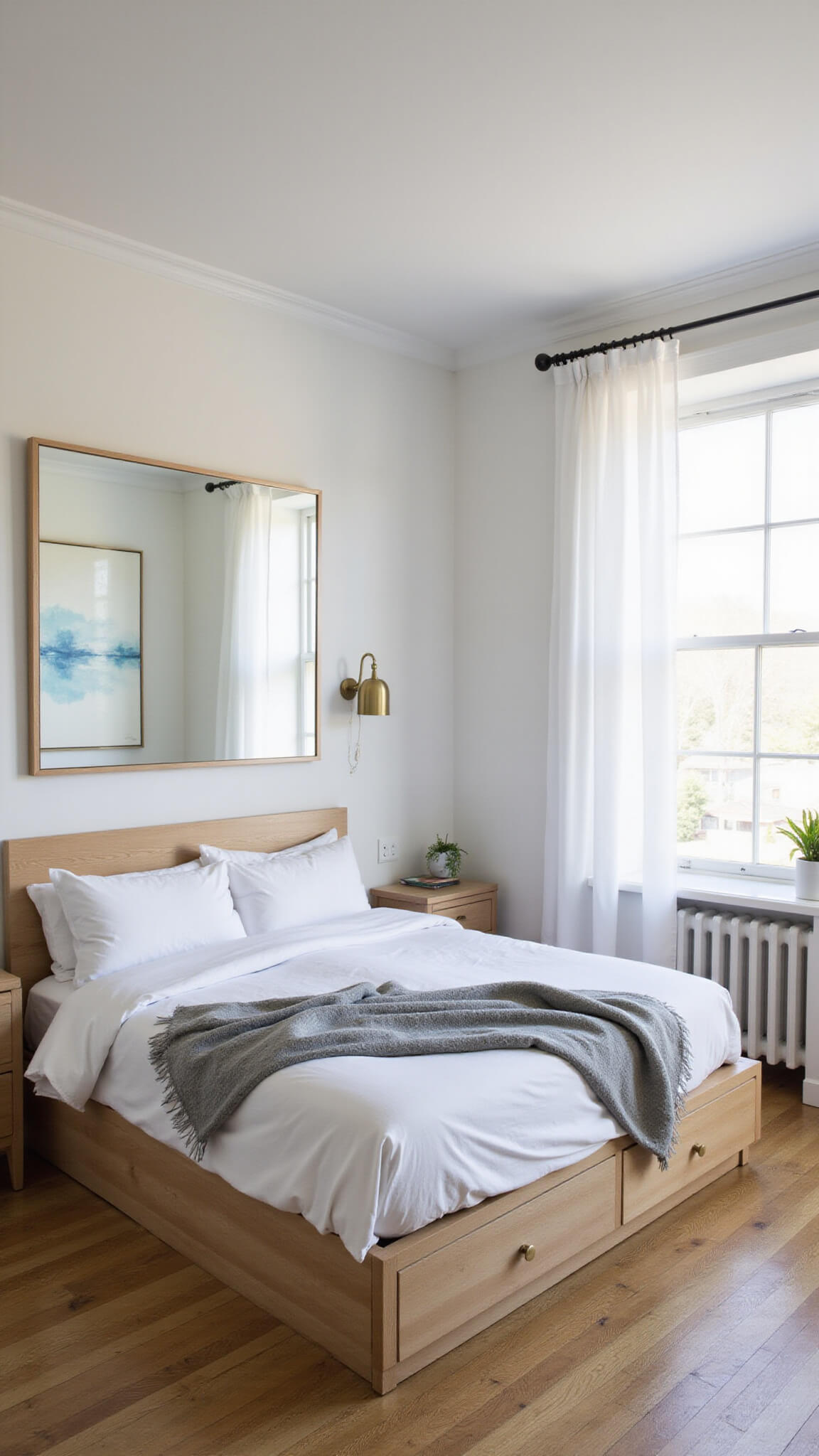 Cozy 8x10 bedroom in morning light with white walls, queen platform bed, oak floors, mirror, abstract art, and minimalist decor.