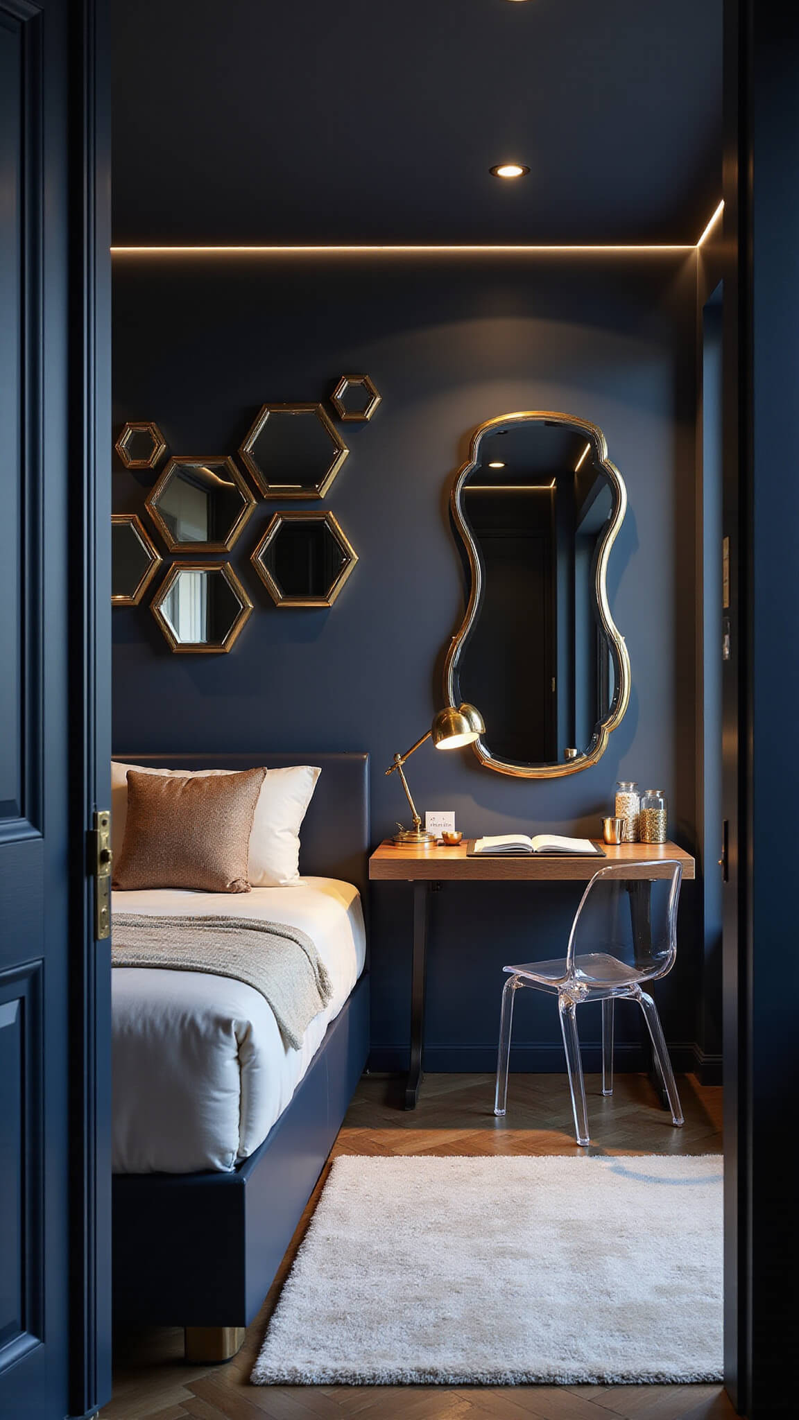 Elegant navy blue bedroom with storage bed, geometric mirrors, and warm evening lighting.