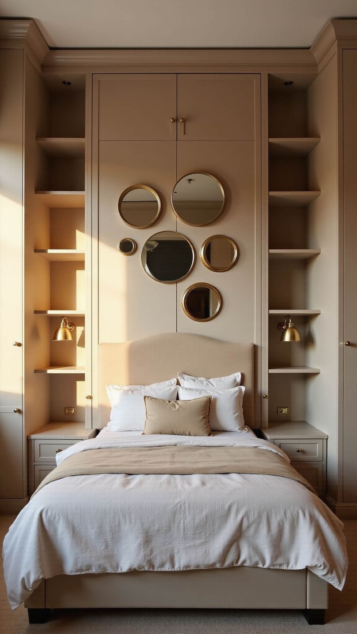 Sunlit small bedroom with custom floor-to-ceiling greige storage, full-size bed, floating nightstands, brass-framed mirrors, and layered neutral bedding.