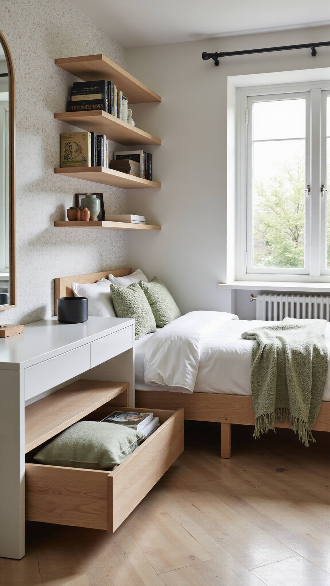 Low-angle view of a serene minimalist bedroom corner with a custom light oak platform bed, floating shelves, white sliding desk, sage and white bedding, and an arched mirror reflecting garden light.