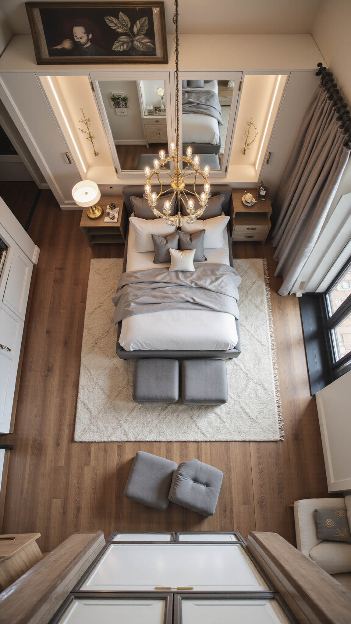 Bird's eye view of a chic bedroom with queen bed, gray storage ottomans, gold chandelier, glass-front wardrobes, multi-use console, geometric rug, stone linen bedding, botanical art, and subtle LED lighting.