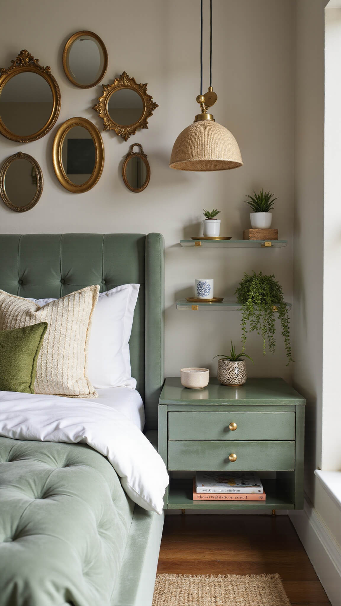 Cozy sage green daybed with brass hardware in a small bedroom corner, accented by vintage mirrors, clear acrylic nightstand, layered bedding in white and green tones, pendant light, and morning sunlight.