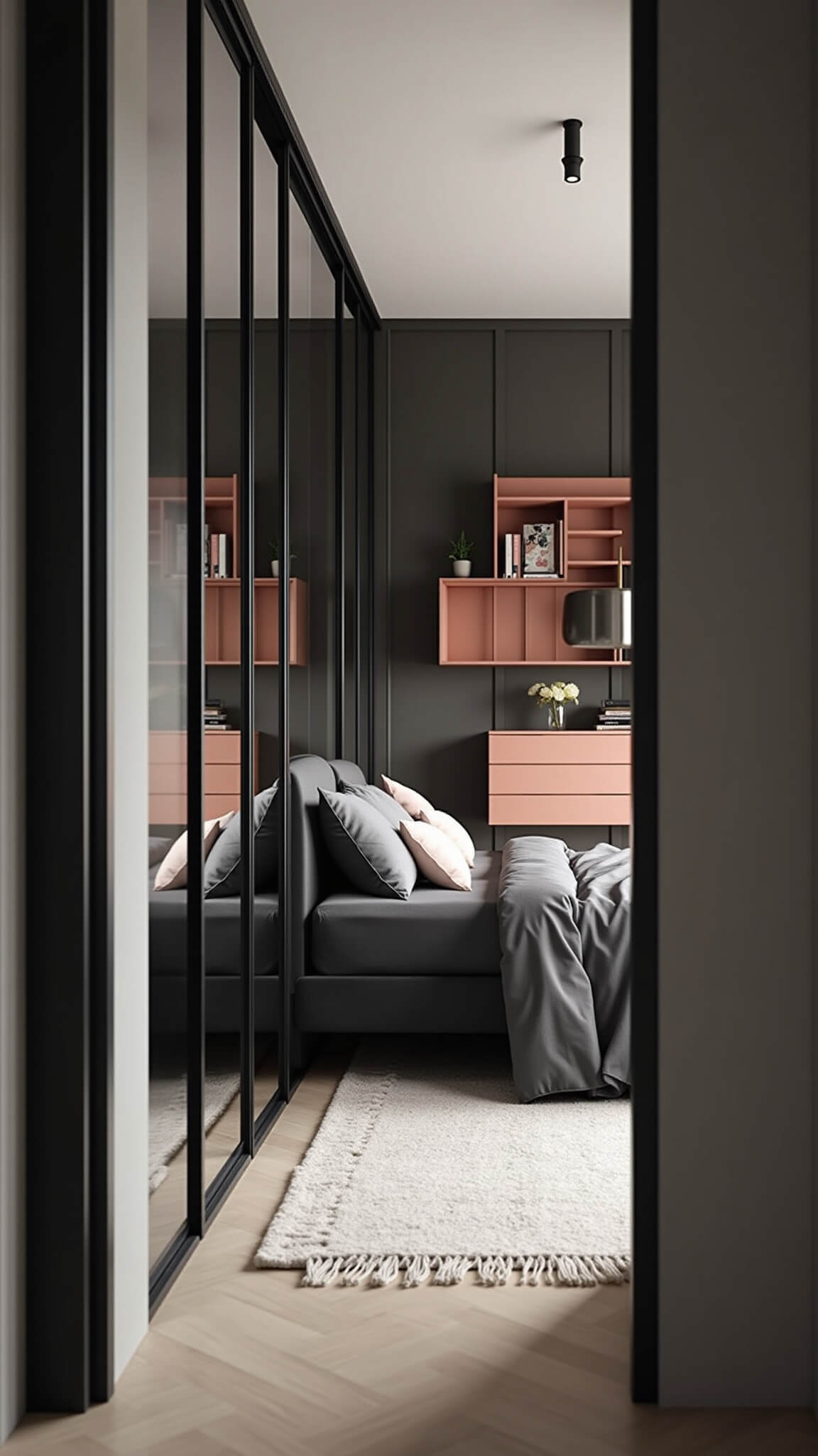 Modern small bedroom with vertical design focus, featuring fluted glass sliding wardrobe doors, black canopy bed with storage drawers, floating shelves, and a compact vanity under soft afternoon light.
