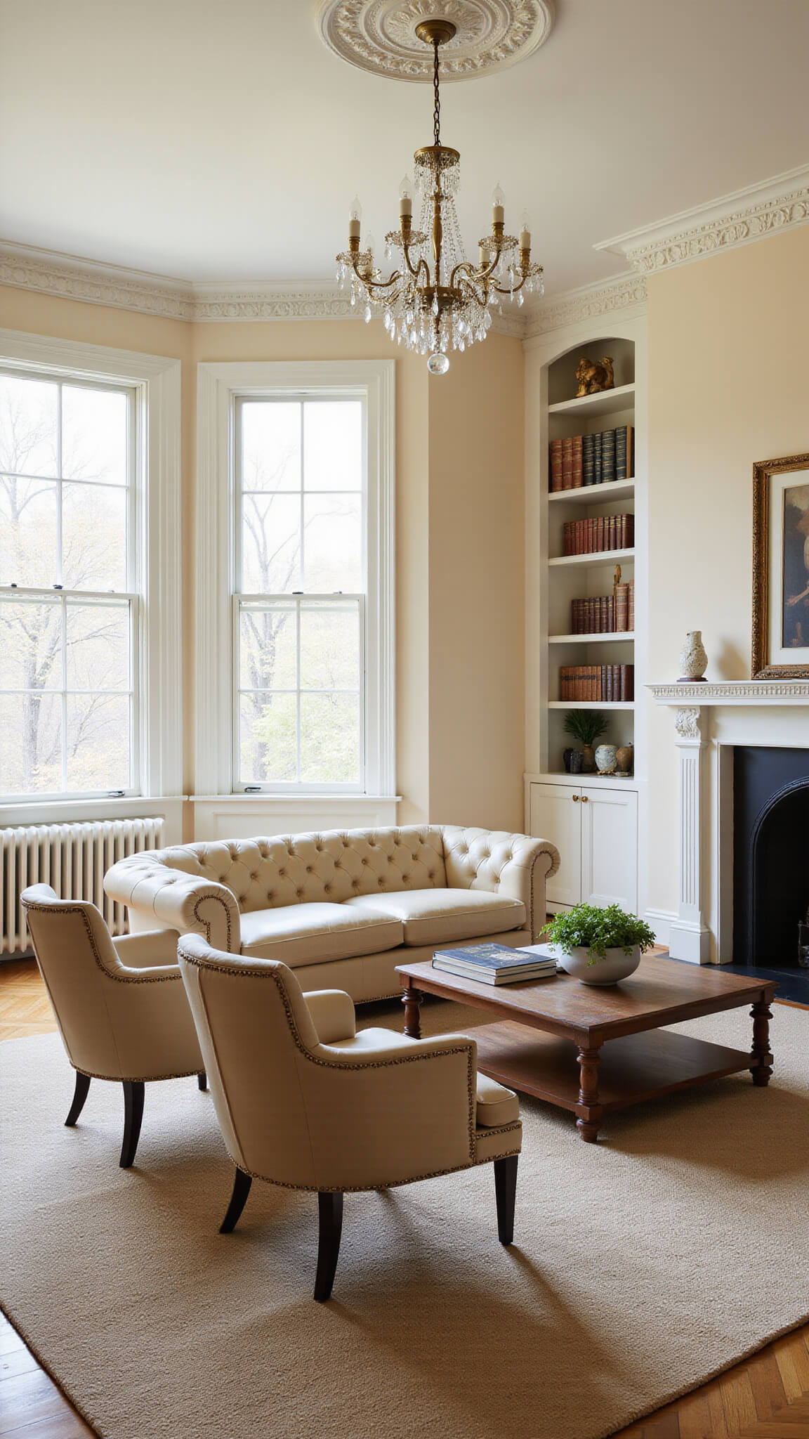 Sunlit living room with cream leather Chesterfield sofa, wingback chairs, walnut coffee table, layered rugs, built-in bookcases, and crystal chandelier.
