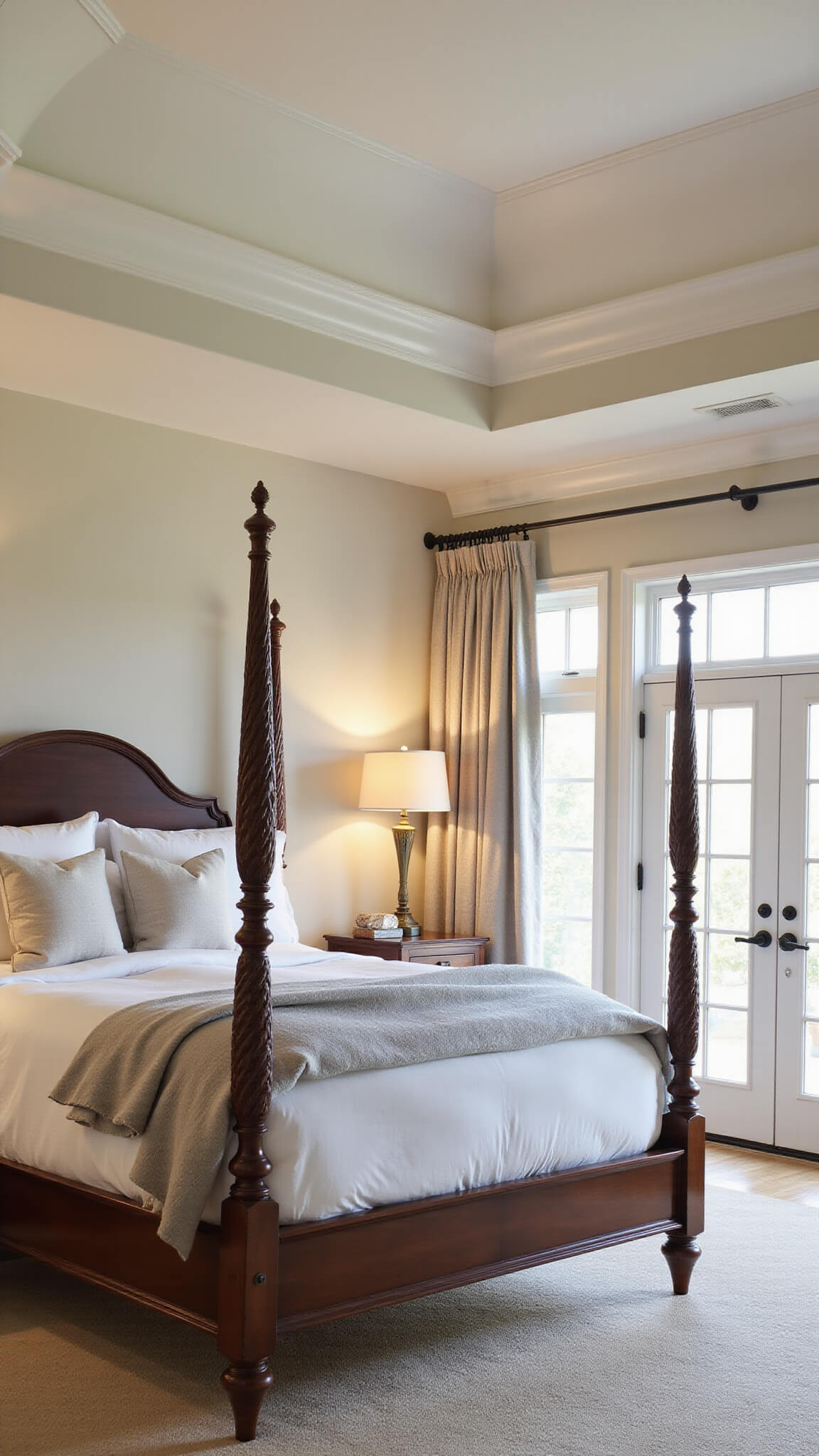 Elegant master bedroom at golden hour with tray ceiling, mahogany four-poster bed, white linens, gray throws, burled wood nightstands, brass lamps, and pearl gray drapes framing French doors.
