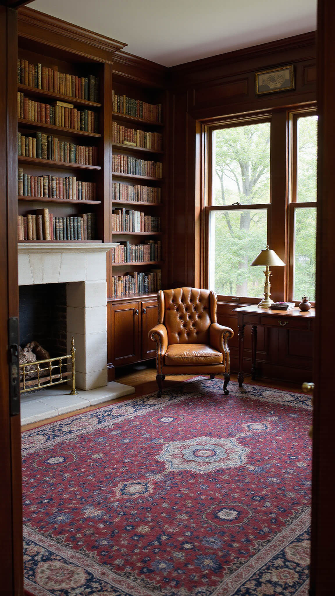 Cozy 12x12ft library with mahogany bookshelves, leather Chesterfield chair by limestone fireplace, vintage desk facing window, brass lamp, and burgundy Oriental rug.
