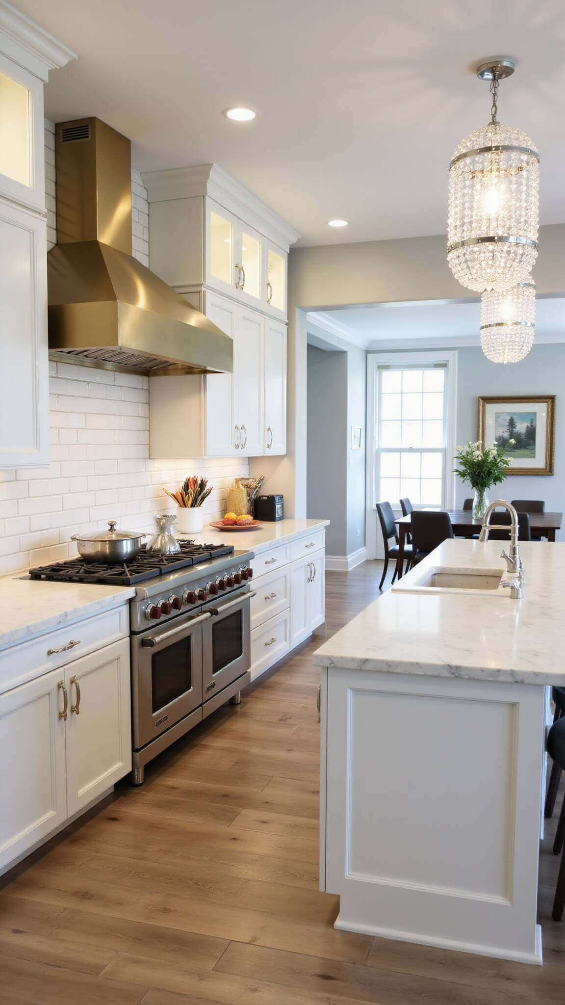 Bright kitchen with 12ft honed marble island, white inset cabinets, brass range hood, cream subway tile, and crystal pendants.