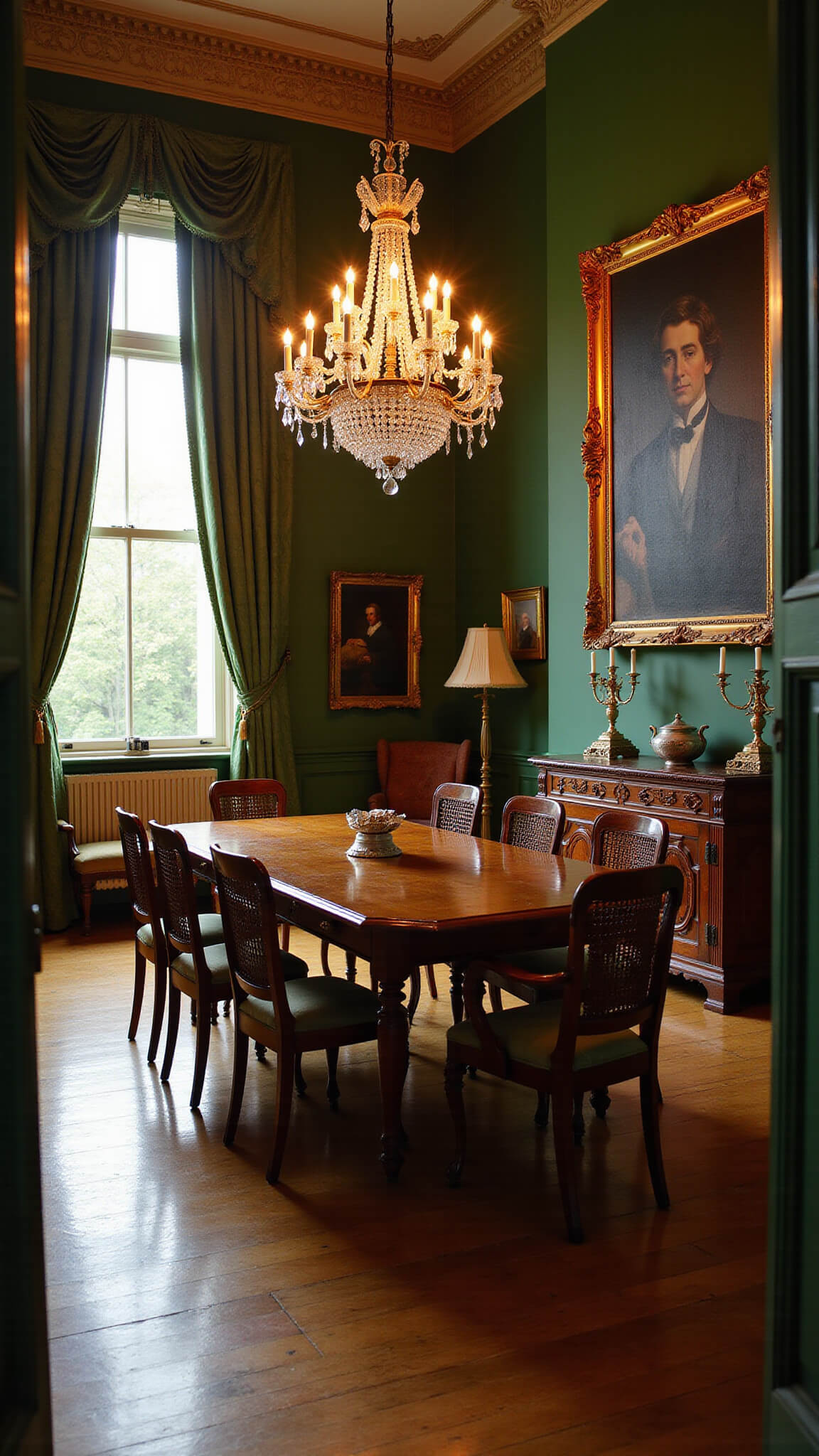 Antique dining room with Victorian table, mismatched velvet chairs, emerald walls, and crystal chandelier lit by golden hour light.