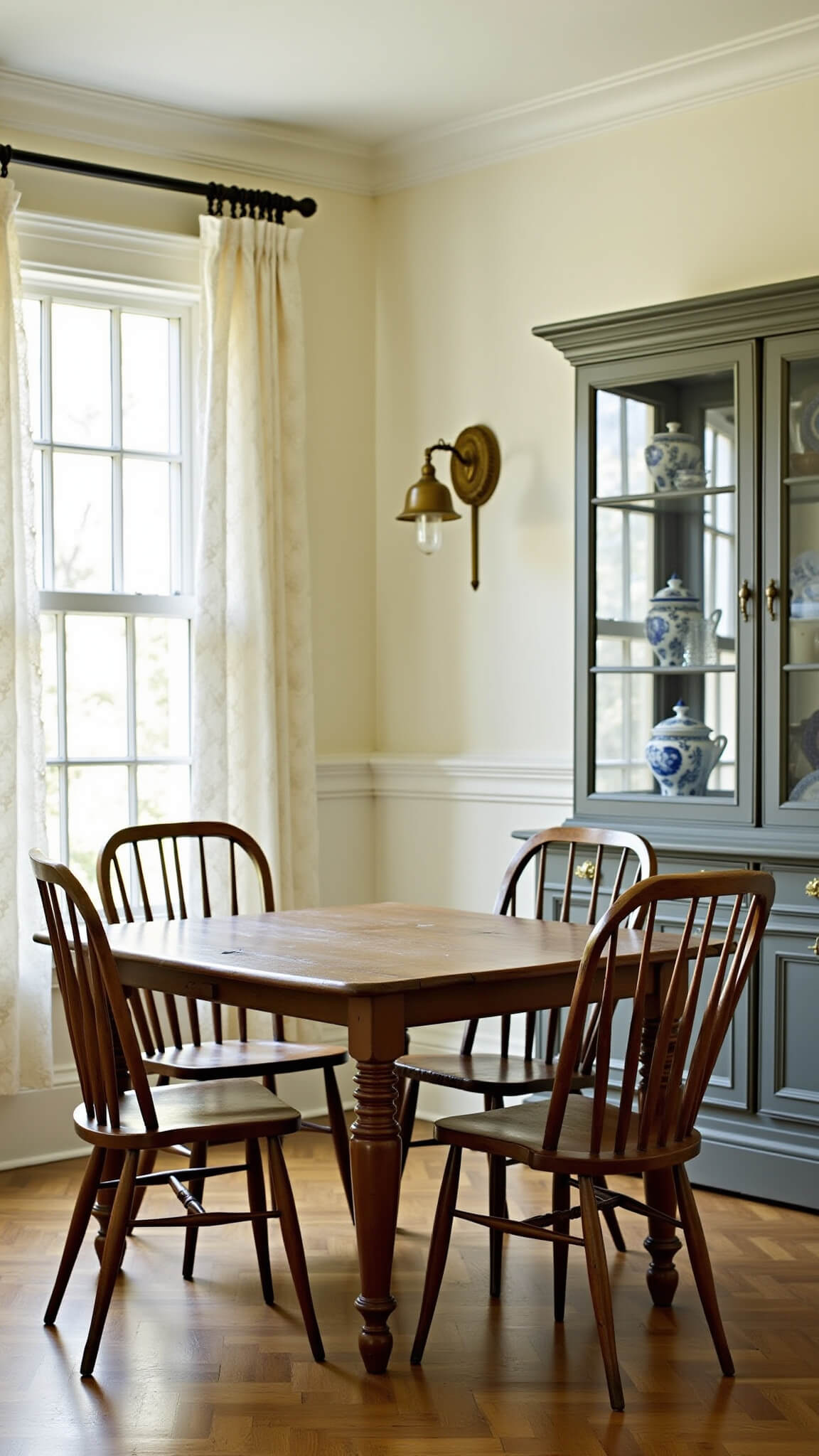 Cozy butler's pantry transitioning to dining area with French farmhouse table, mismatched Windsor chairs, glass china cabinet, and soft evening light through lace curtains.