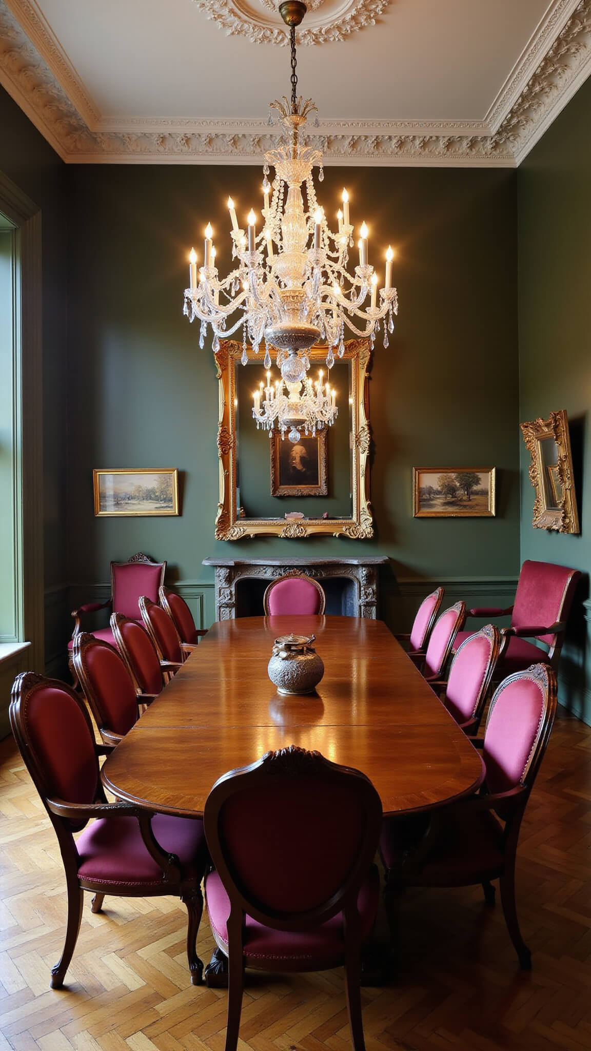 Overhead view of a grand Georgian dining room with a large mahogany table for 12, burgundy balloon back chairs, crystal chandelier, ornate mirror, dark olive walls, and parquet flooring.