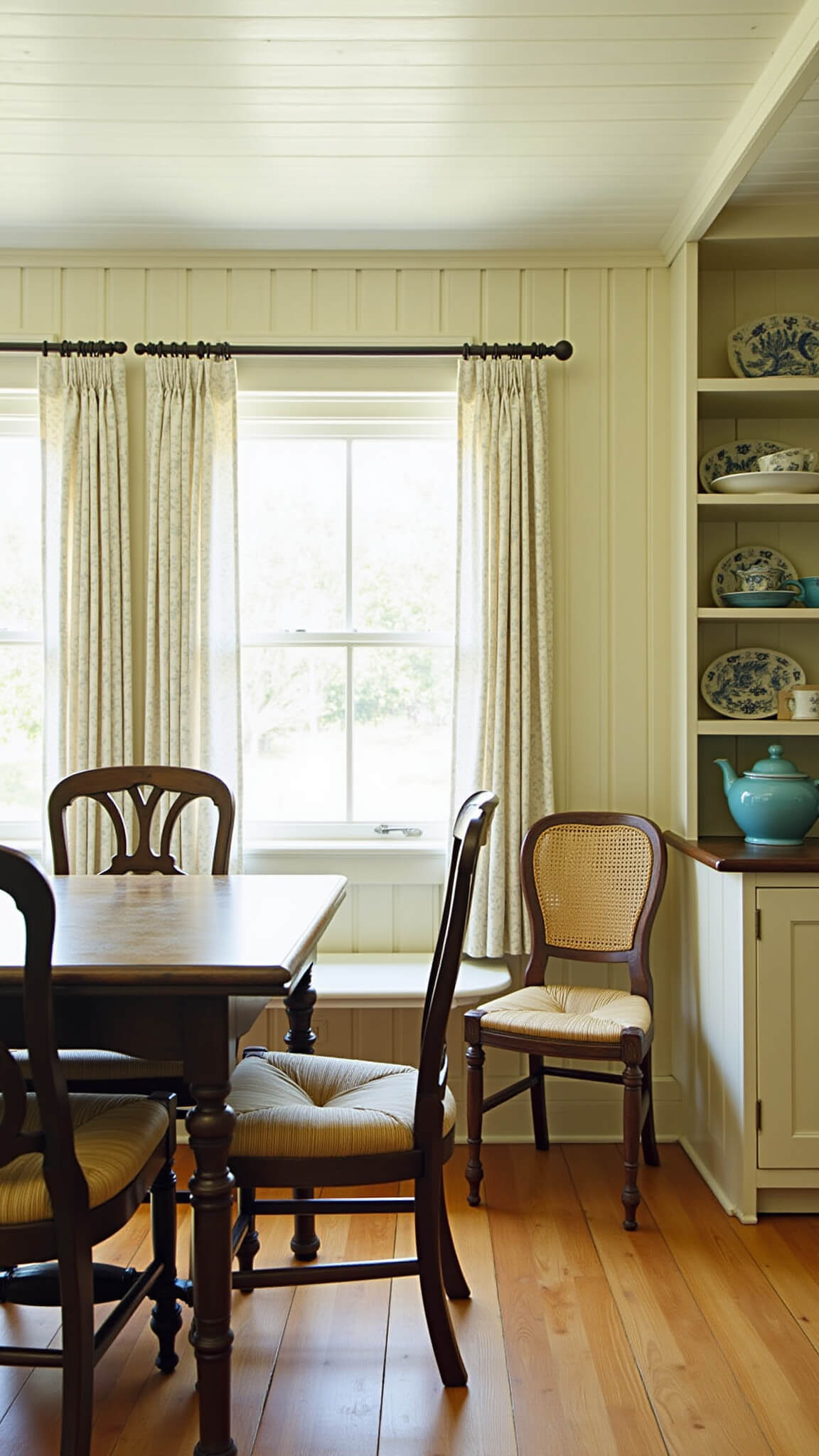 Sunlit breakfast nook with antique drop-leaf table, mismatched country chairs, built-in china cabinet of ironstone, and warm cream walls with wide-plank pine floors.