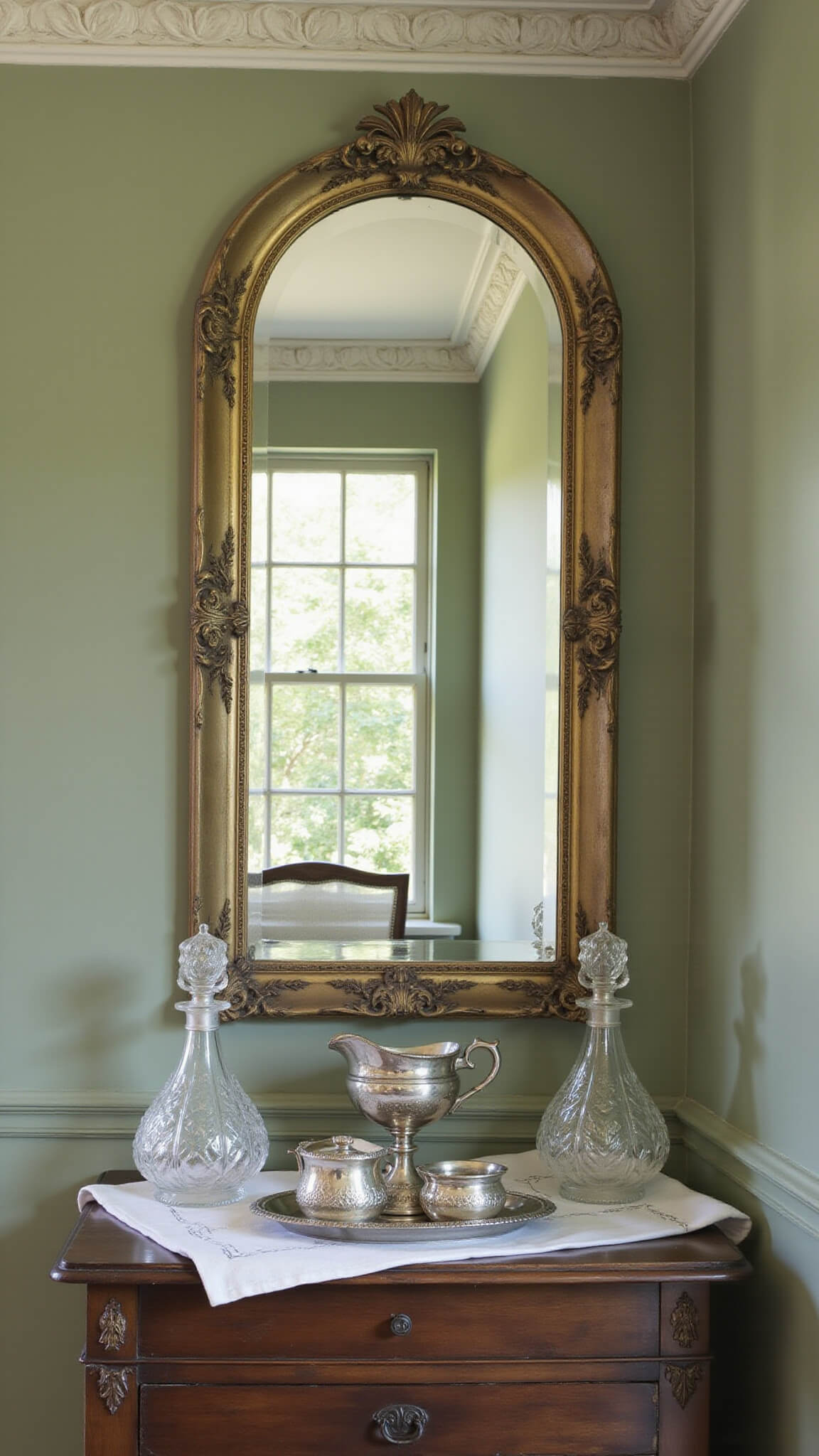 Antique console vignette with silver tea set, crystal decanters in afternoon light, Venetian mirror reflecting garden, sage green walls and plaster ceiling.
