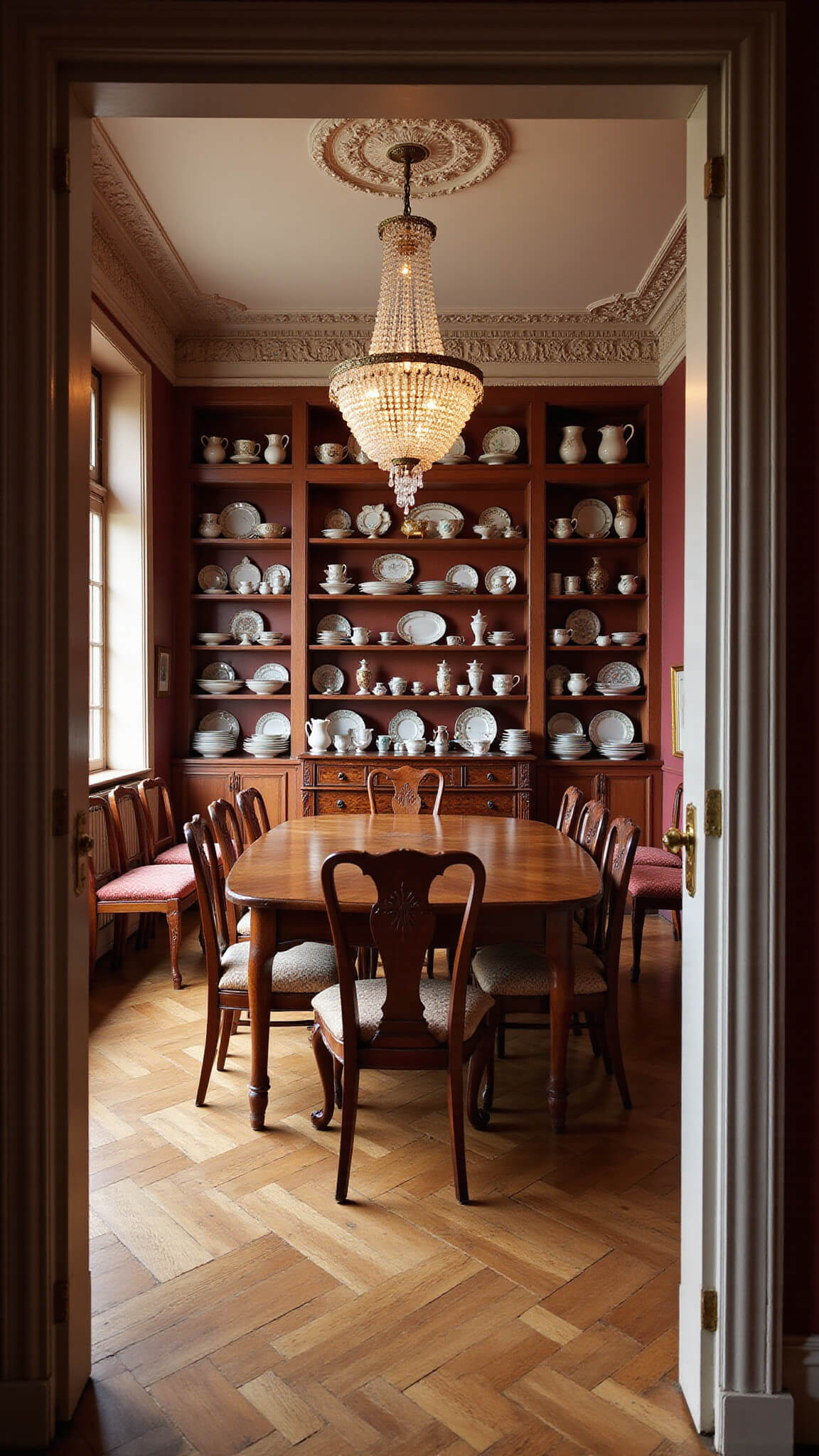 Eclectic antique room with Georgian table, Victorian chairs, crystal lighting, red walls, built-in china displays, and herringbone floors.