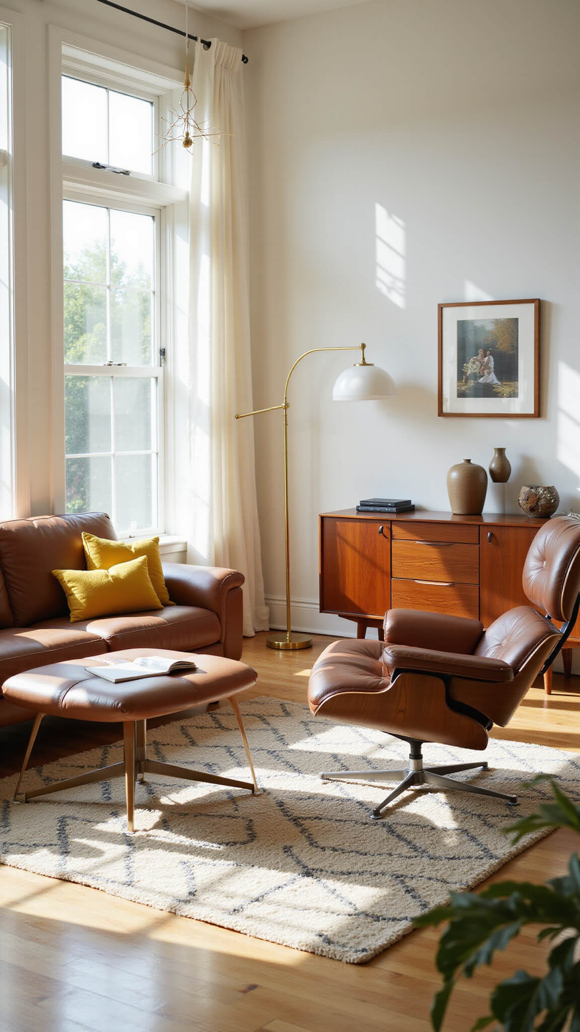 Sunlit mid-century modern living room with Eames lounge chair, cognac leather sofa, Noguchi coffee table on geometric rug, and floor-to-ceiling windows casting dramatic shadows.