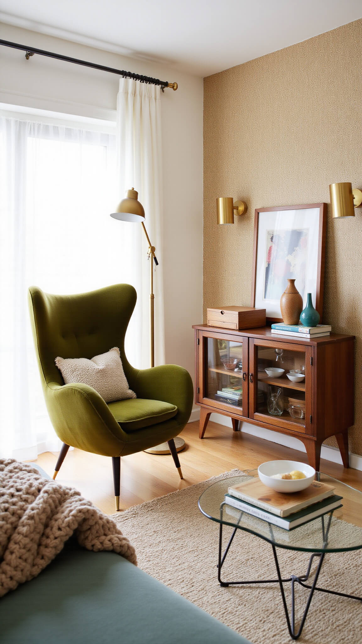 Mid-century modern living room with olive green egg chair, glass-top coffee table, walnut media console, and warm golden hour lighting filtering through sheer curtains.