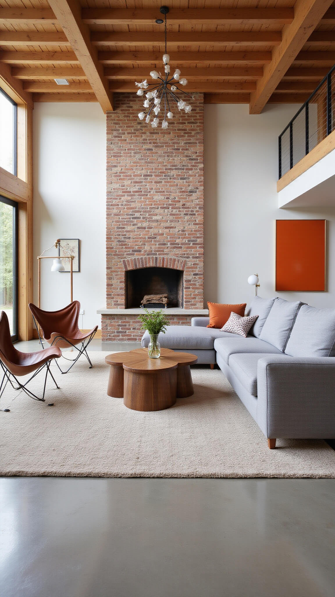 Open concept living area with exposed beams, brick feature wall, gray sectional, brown leather butterfly chairs, teak coffee table, geometric divider, and pendant lights in morning light.