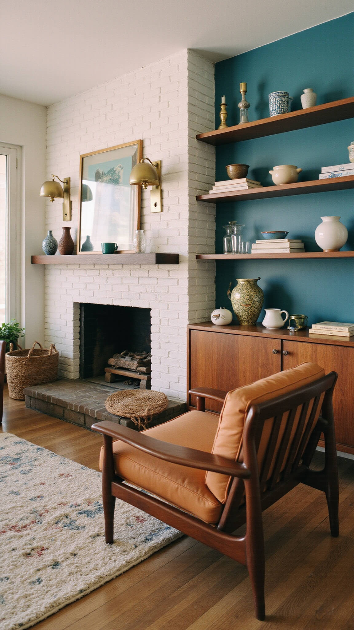 Mid-century 14'x16' den with teak armchairs, white brick fireplace, teal accent wall, floating credenza with vintage pottery, abstract rug, and brass-accented lighting at dusk.