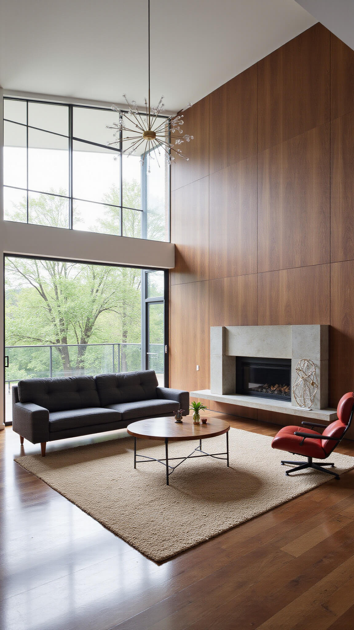 Modern 16x22 living room at Dutch angle with charcoal platform sofa, red Womb chair, Sputnik chandelier, walnut wall panels, geometric screen, and brass-chrome accents in natural diffused light.