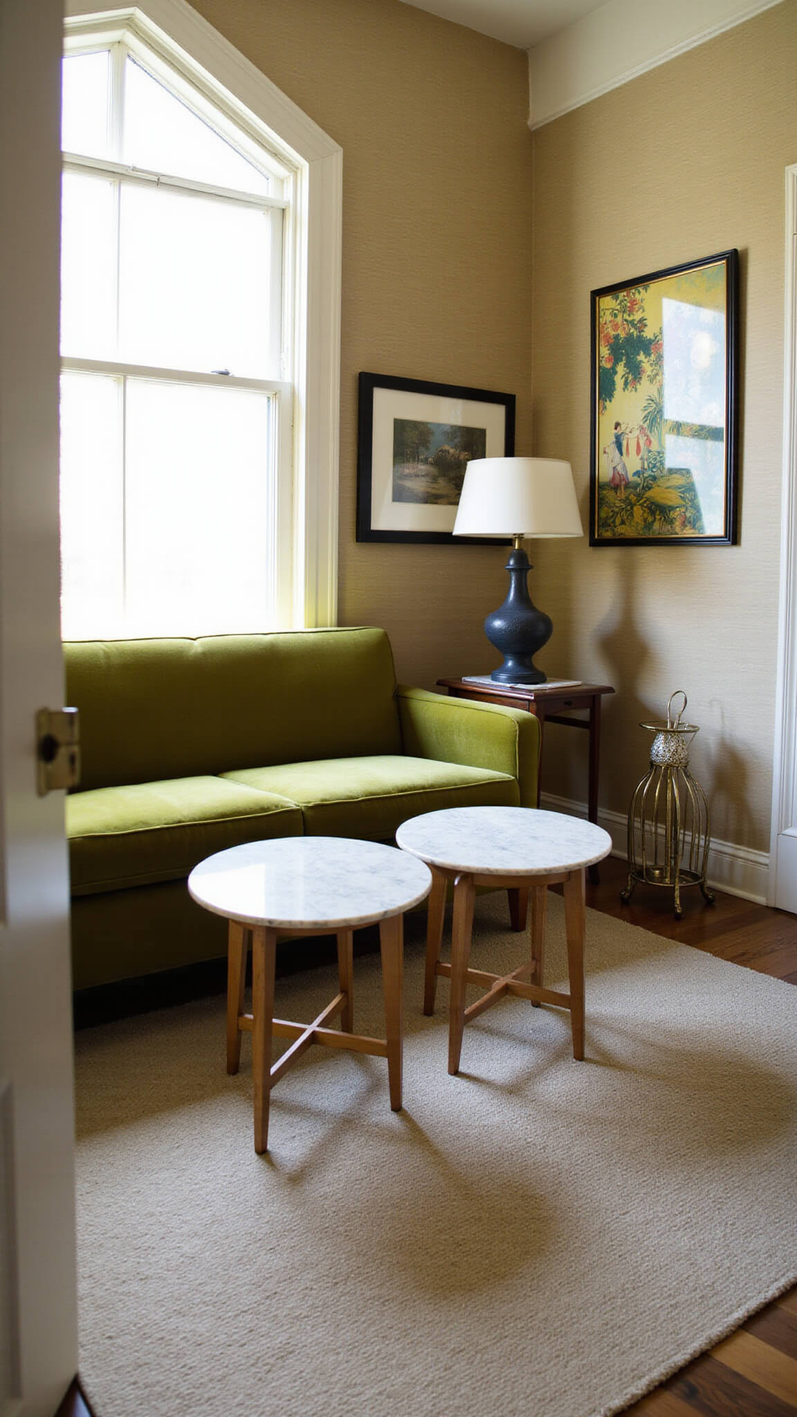 Compact 10'x14' sitting room with mid-century moss green velvet settee, gallery wall, marble side tables, grasscloth wallpaper, and soft afternoon light through sheer drapes.