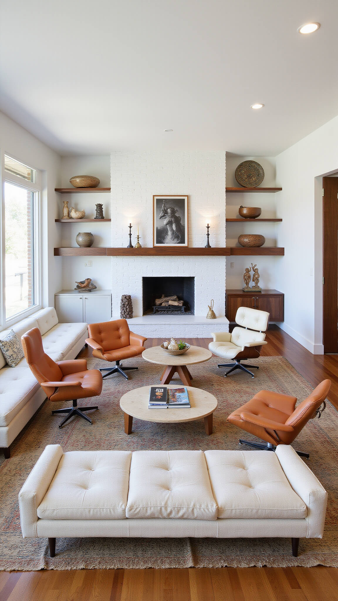 Great room with natural light, cream bouclé conversation pit, Eames chairs, white brick fireplace, walnut shelves, and geometric rug.