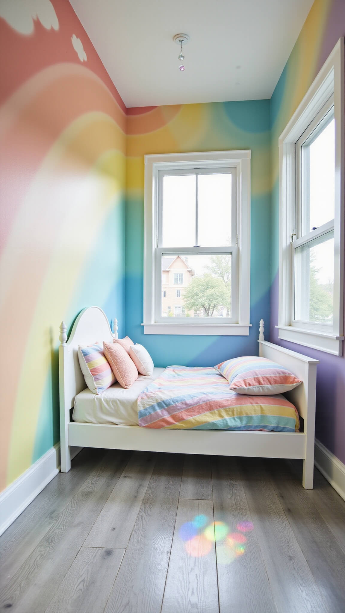 Bright kids' bedroom with rainbow mural, white twin bed, and sunlight casting rainbow prisms on gray wood floor.