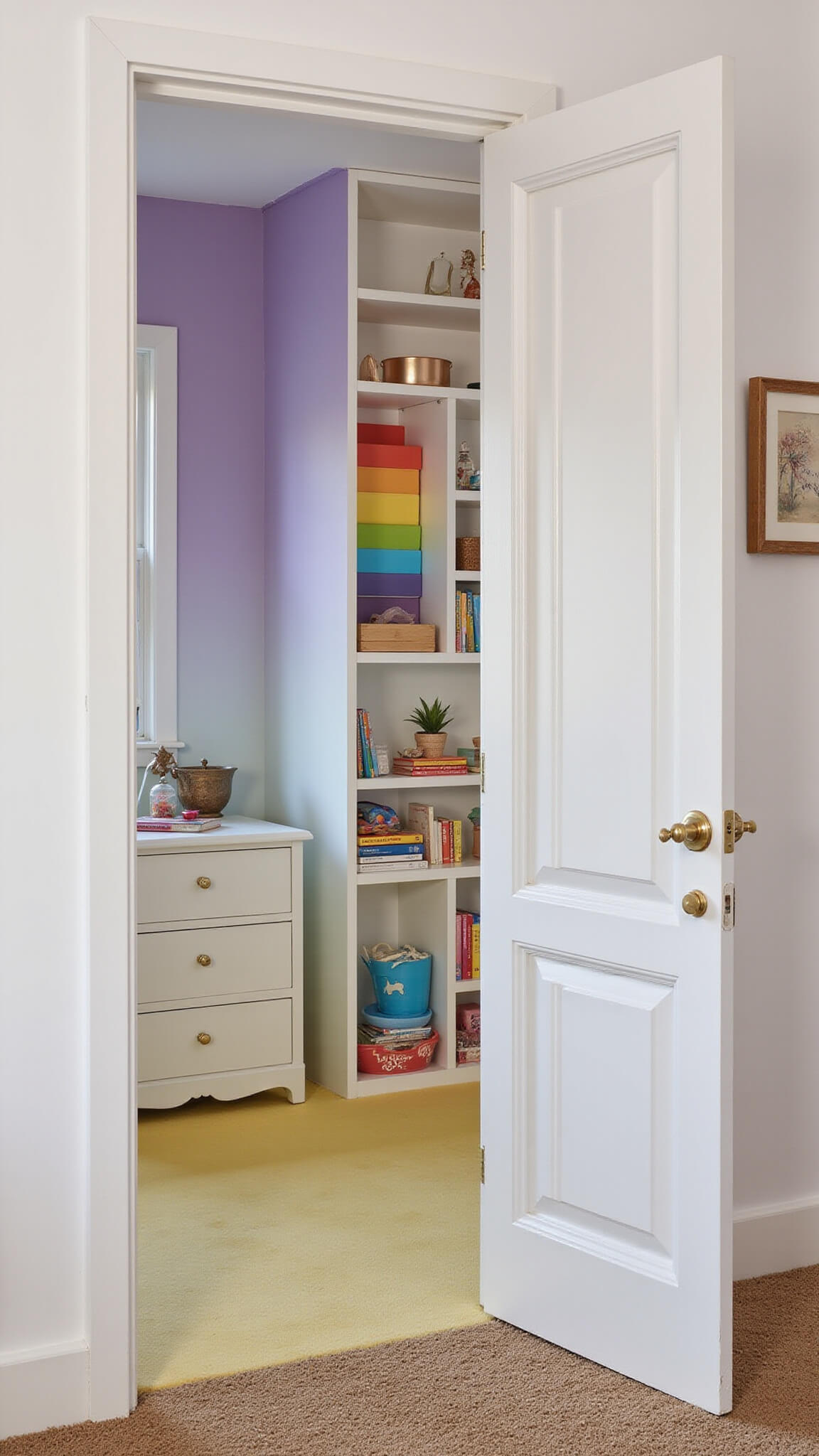 Modern kids' bedroom with ombre wall from violet to yellow, rainbow storage cubbies, white furniture, and gold accents.